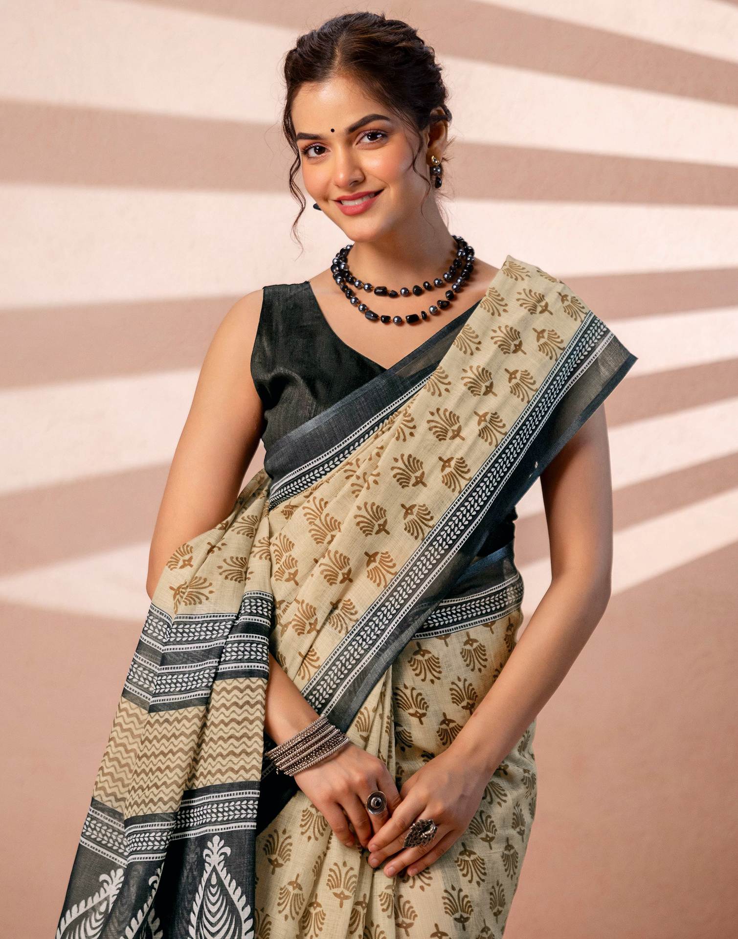 Dark Beige Linen Printed Saree - Image 10