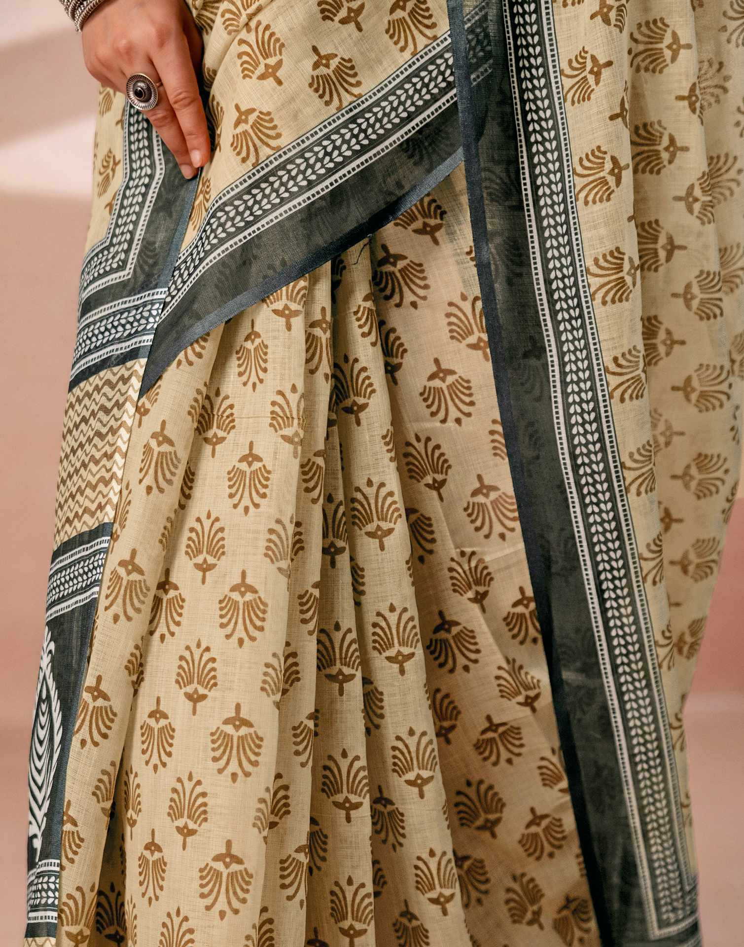 Dark Beige Linen Printed Saree - Image 11