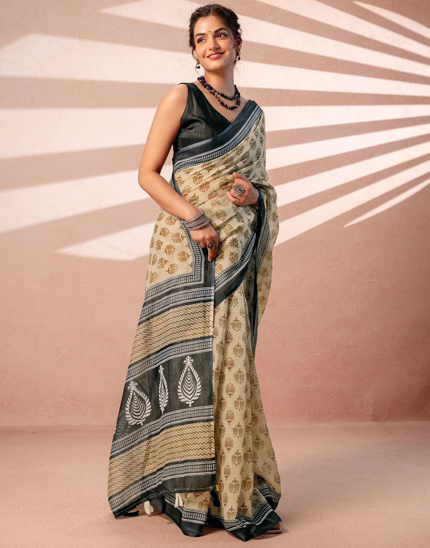 Dark Beige Linen Printed Saree - Image 5