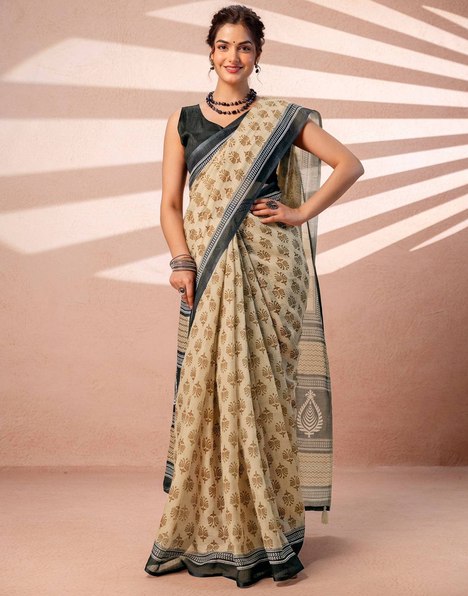 Dark Beige Linen Printed Saree - Image 7