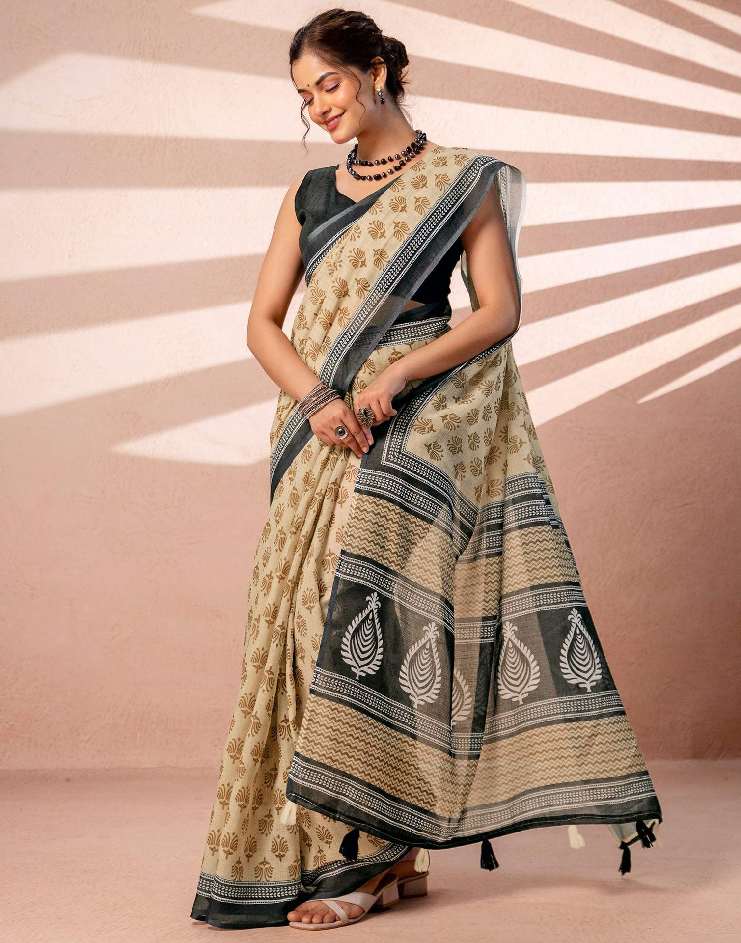 Dark Beige Linen Printed Saree - Image 8