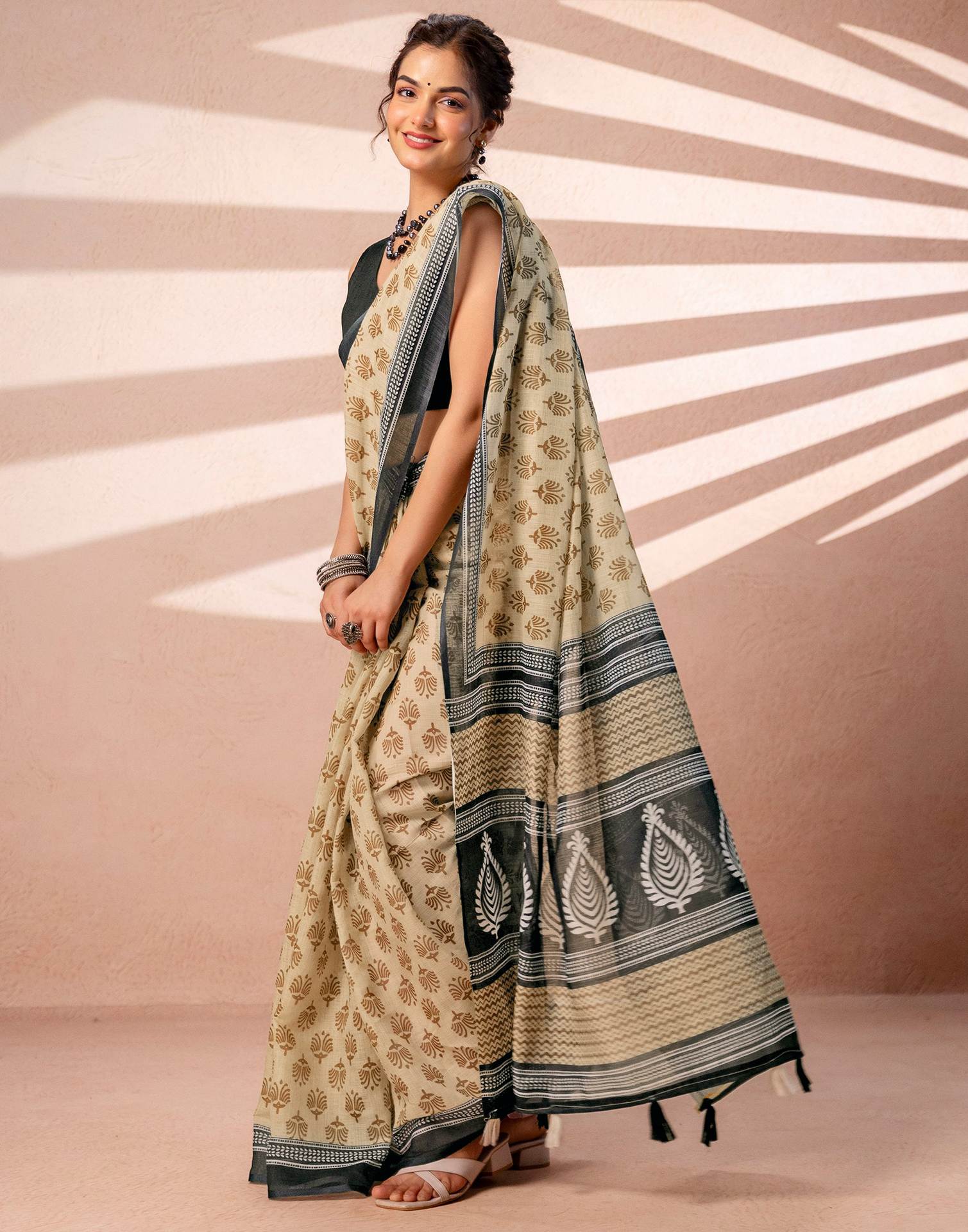 Dark Beige Linen Printed Saree - Image 9