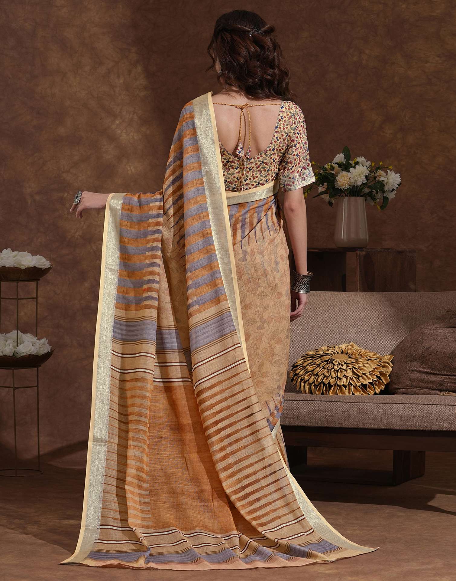 Dark Beige Linen Woven Printed Saree - Image 6