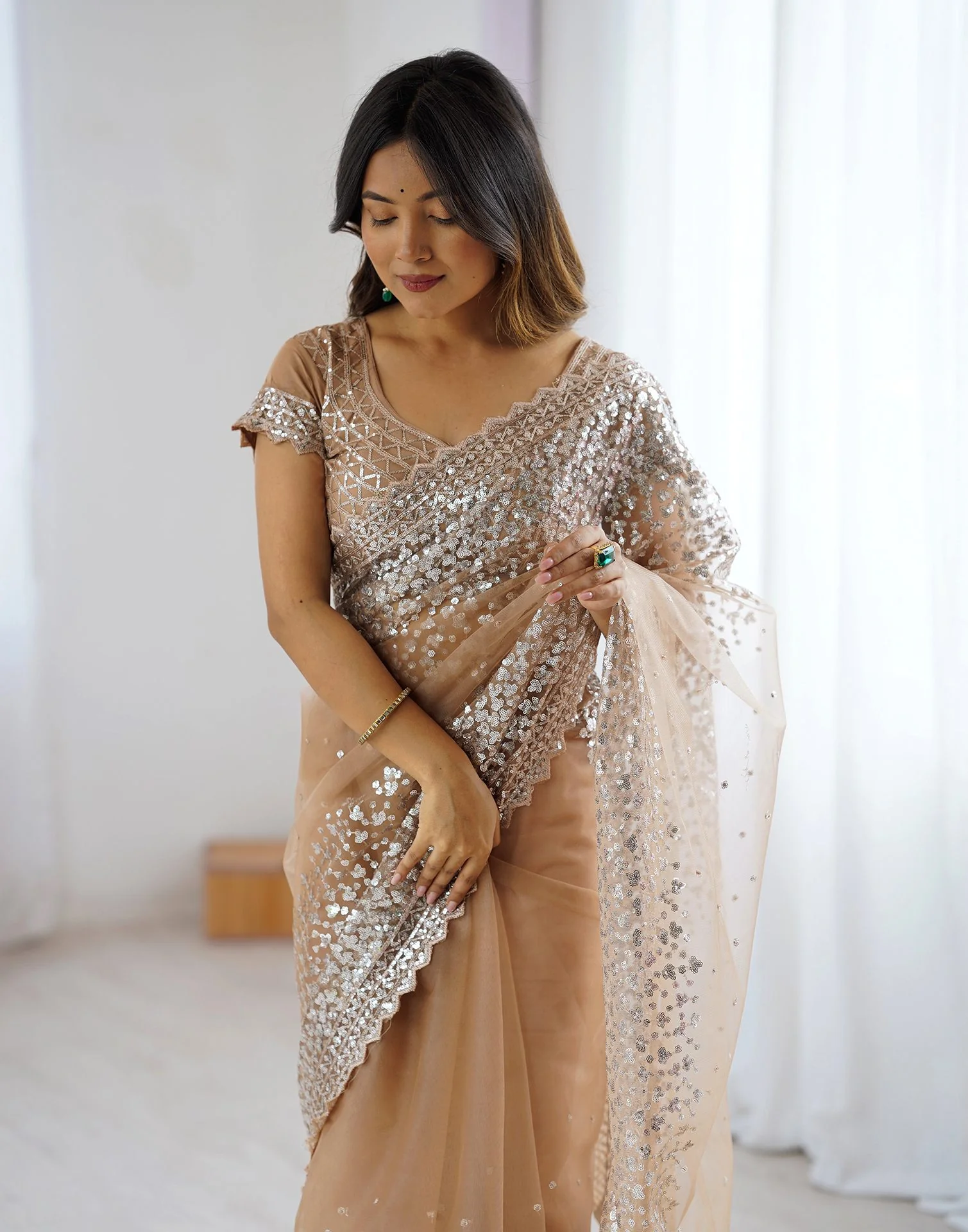 Dark Beige Net Sequence Saree - Image 2