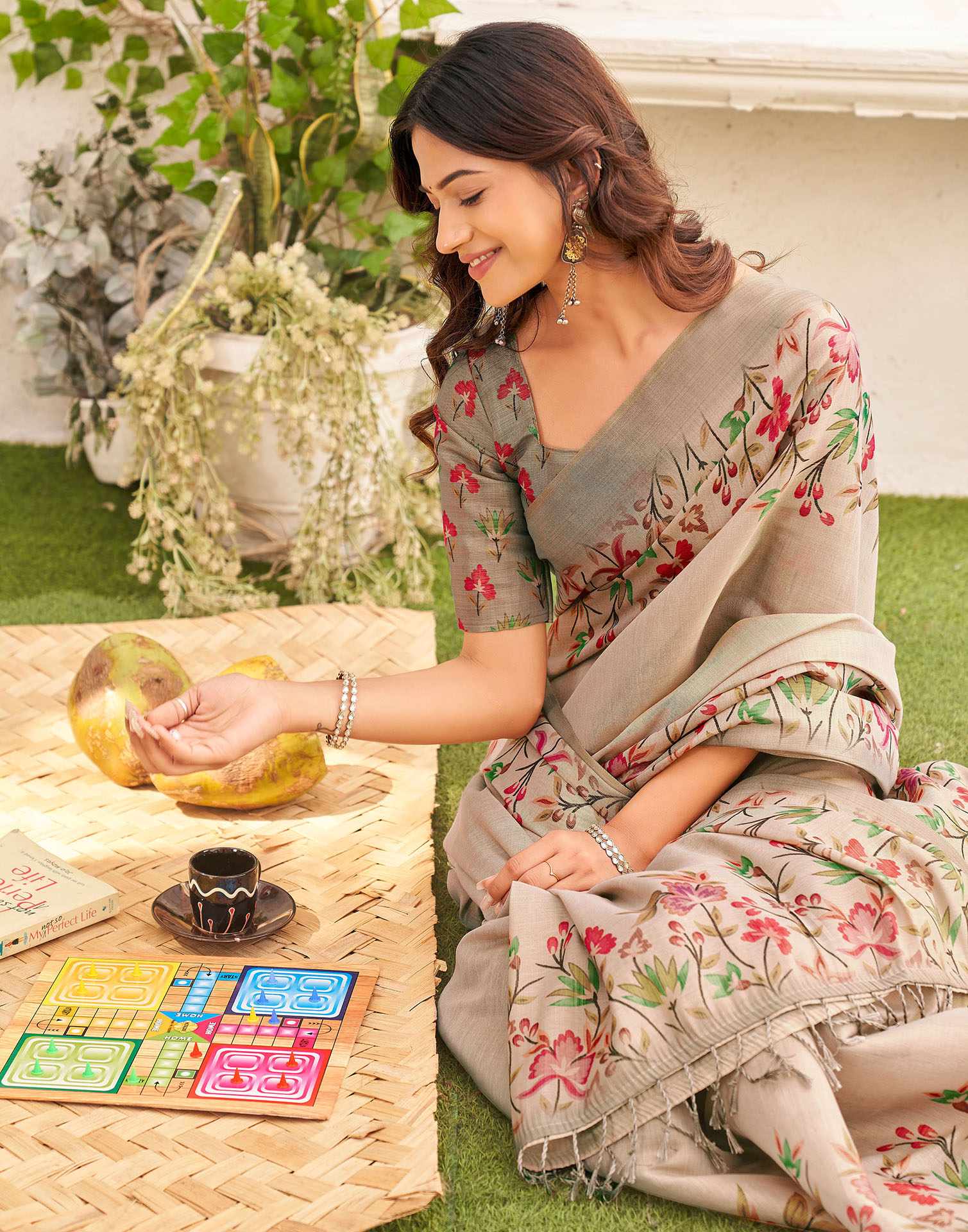 Dark Beige Shimmer Silk Floral Printed Saree - Image 2
