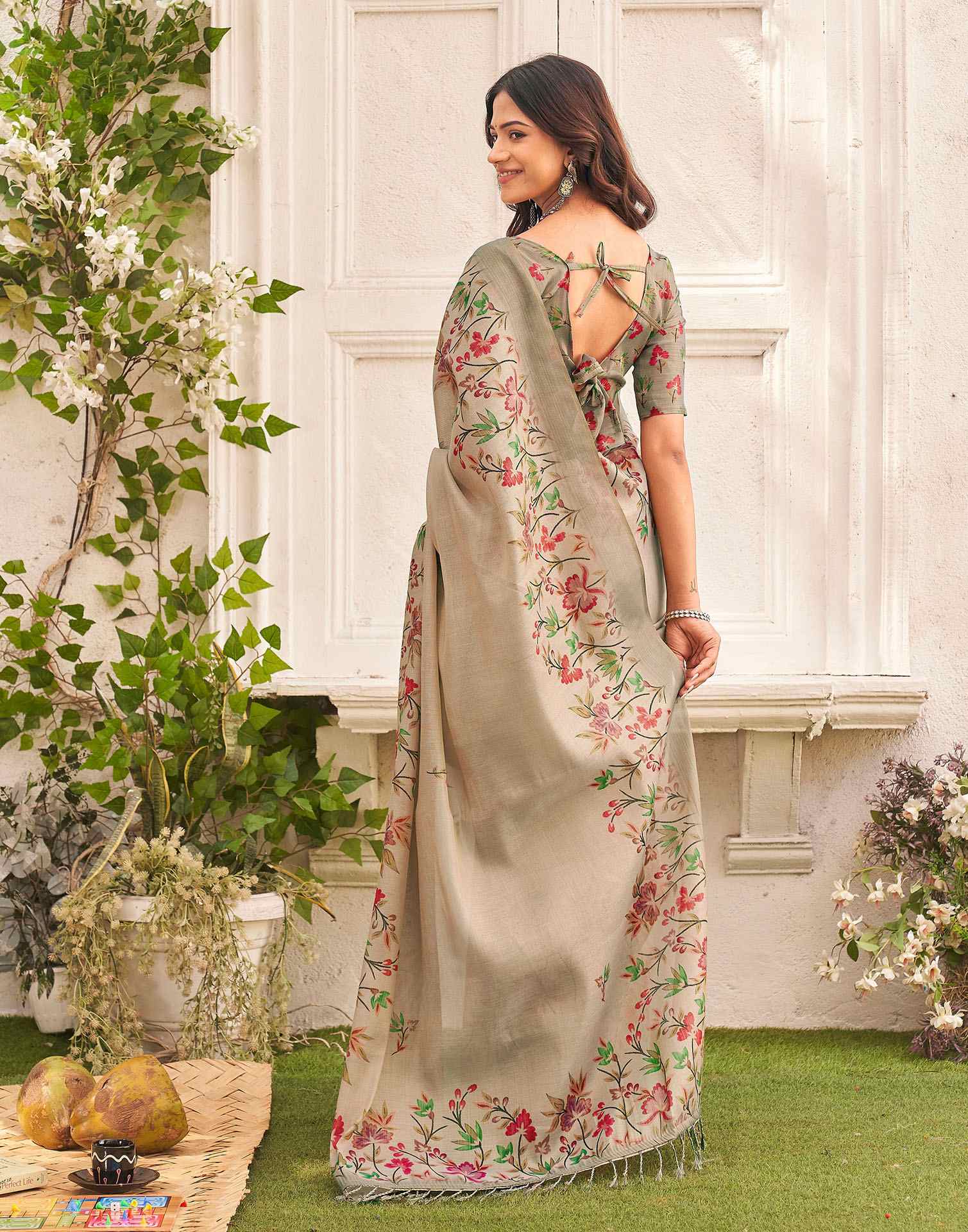 Dark Beige Shimmer Silk Floral Printed Saree - Image 6