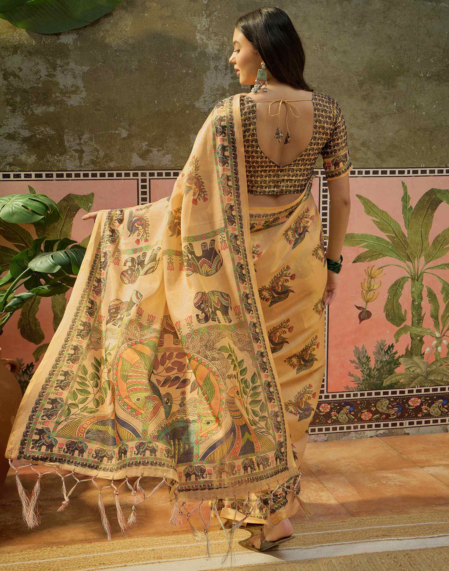 Dark Beige Shimmer Silk Kalamkari Printed Saree - Image 3