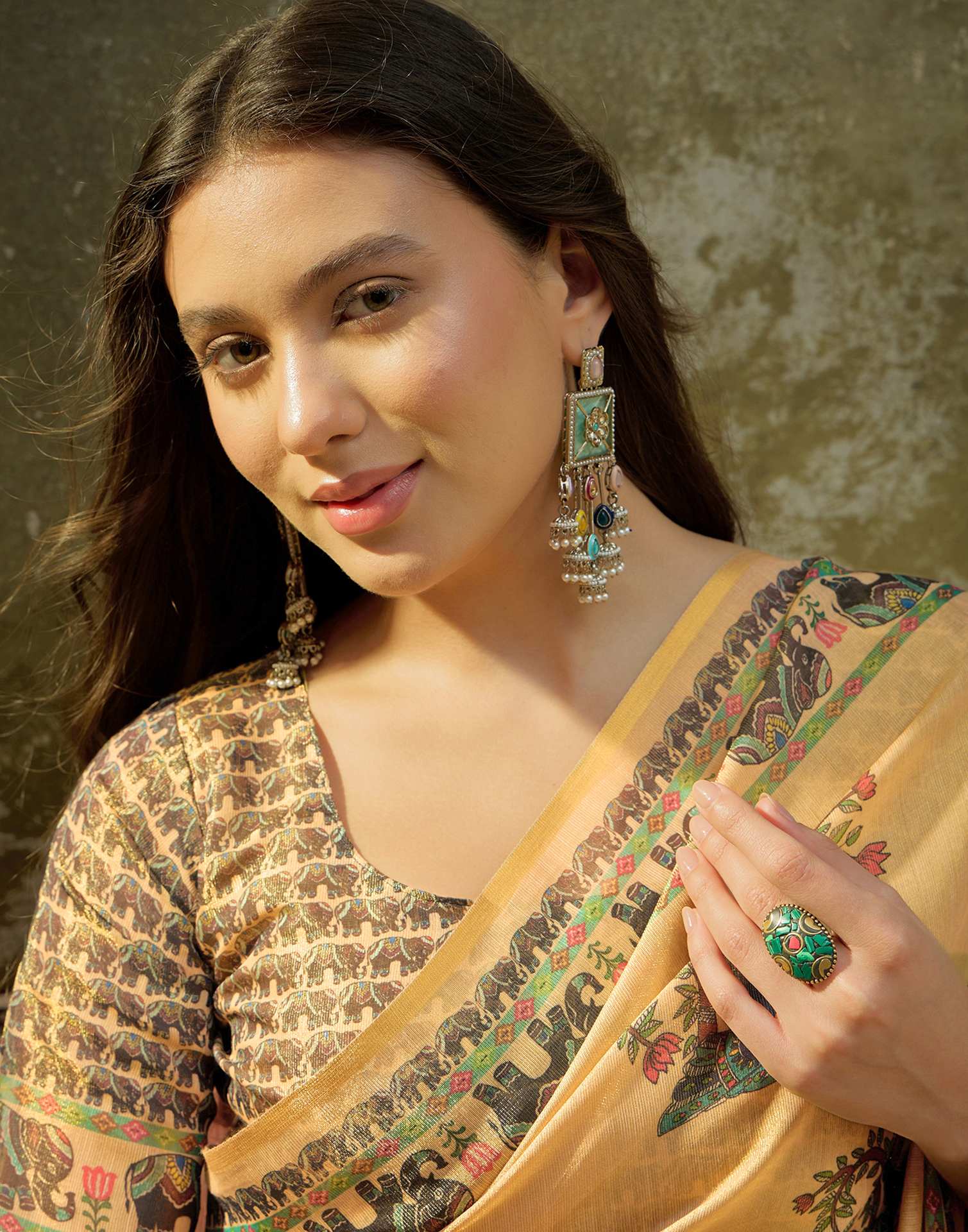 Dark Beige Shimmer Silk Kalamkari Printed Saree - Image 6