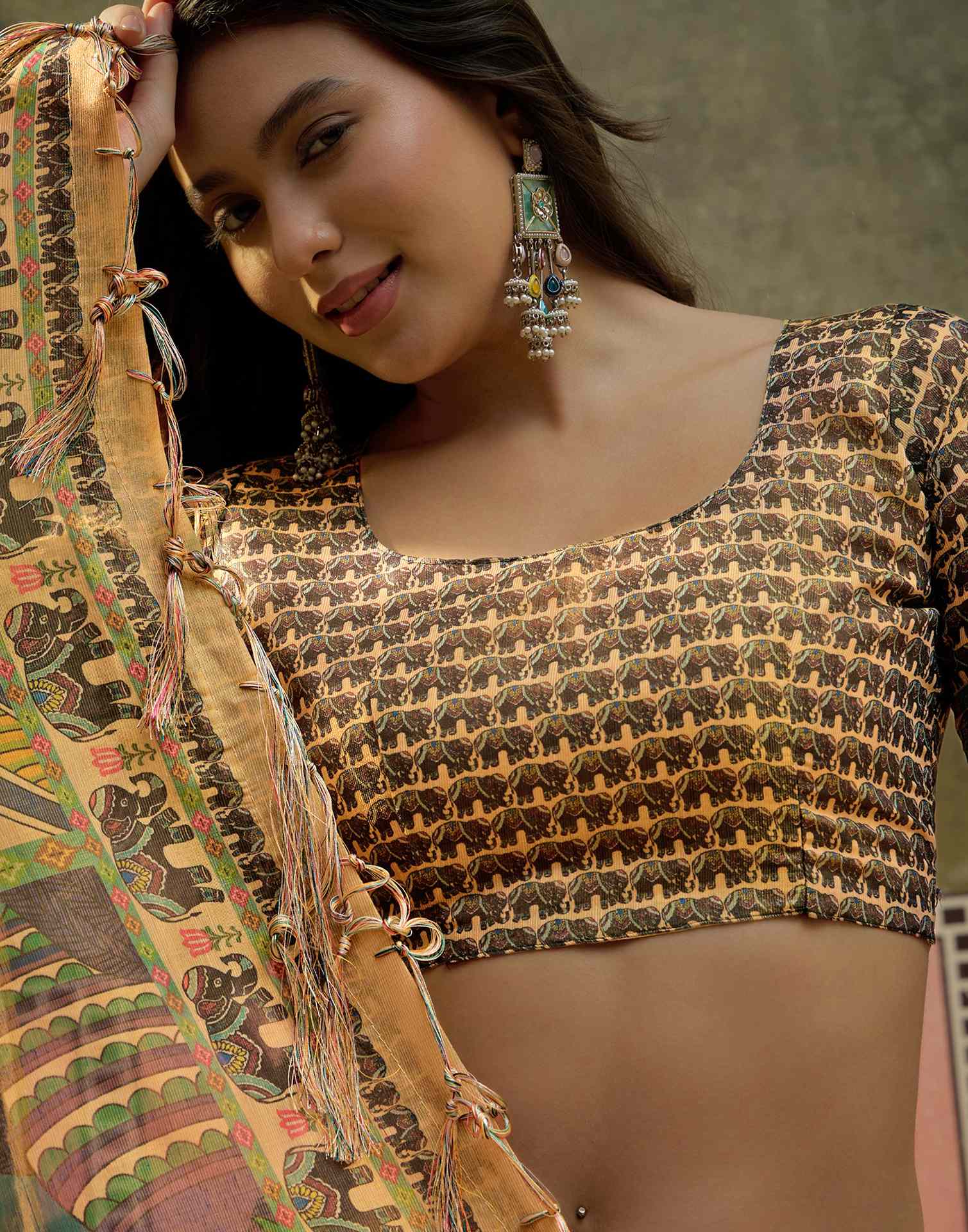 Dark Beige Shimmer Silk Kalamkari Printed Saree - Image 9