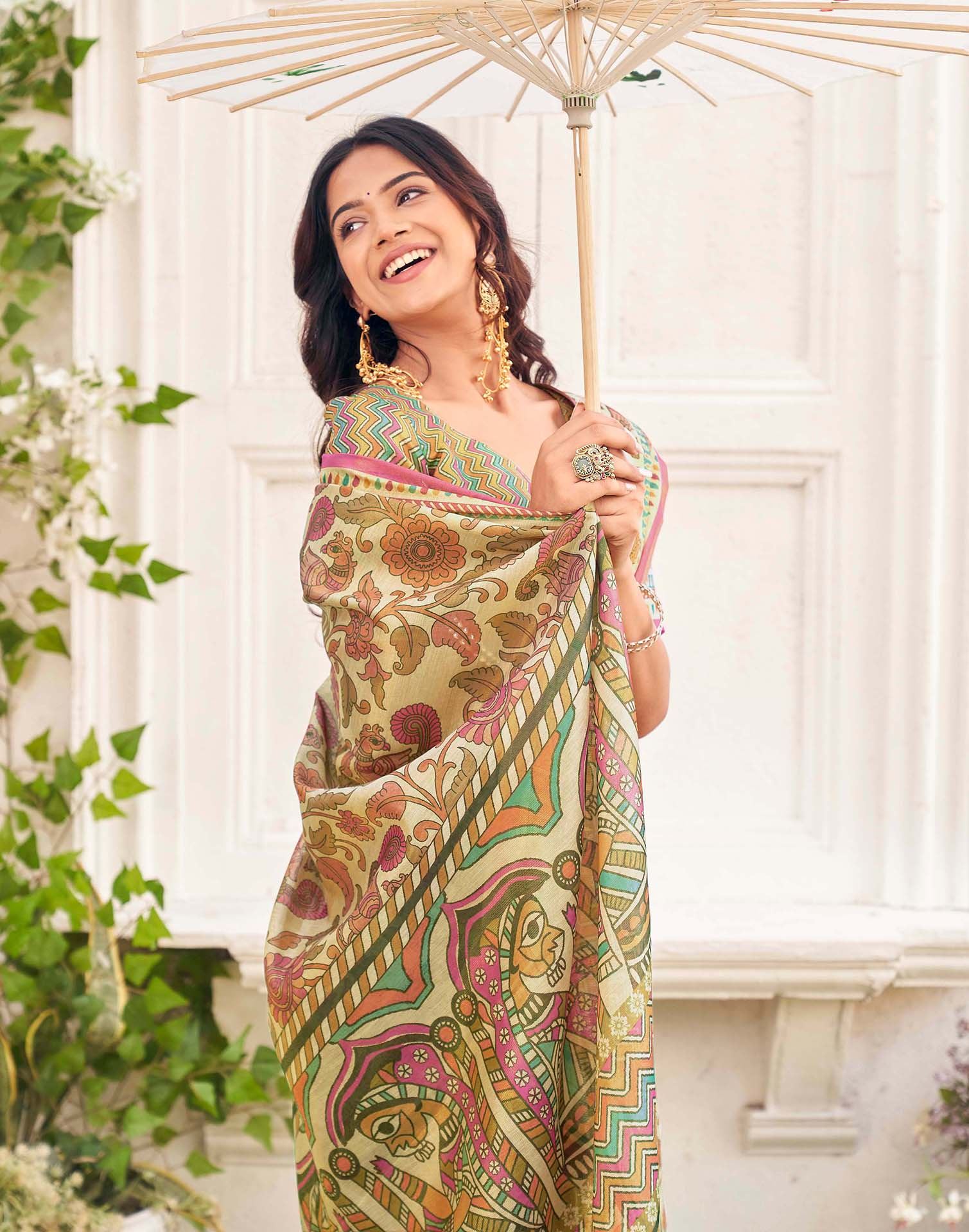 Dark Beige Shimmer Silk Printed Kalamkari SareeĀ - Image 2
