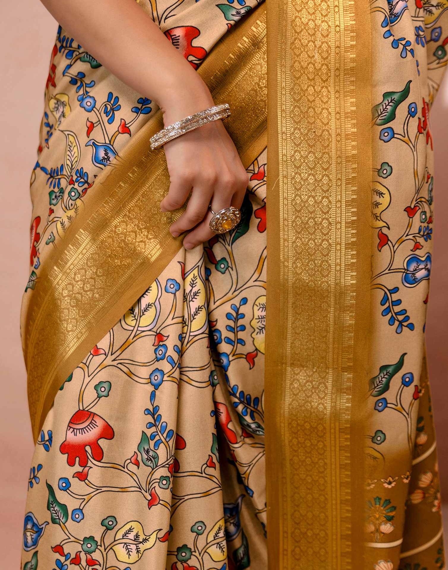 Dark Beige Silk Kalamkari Printed Woven Border Saree - Image 12