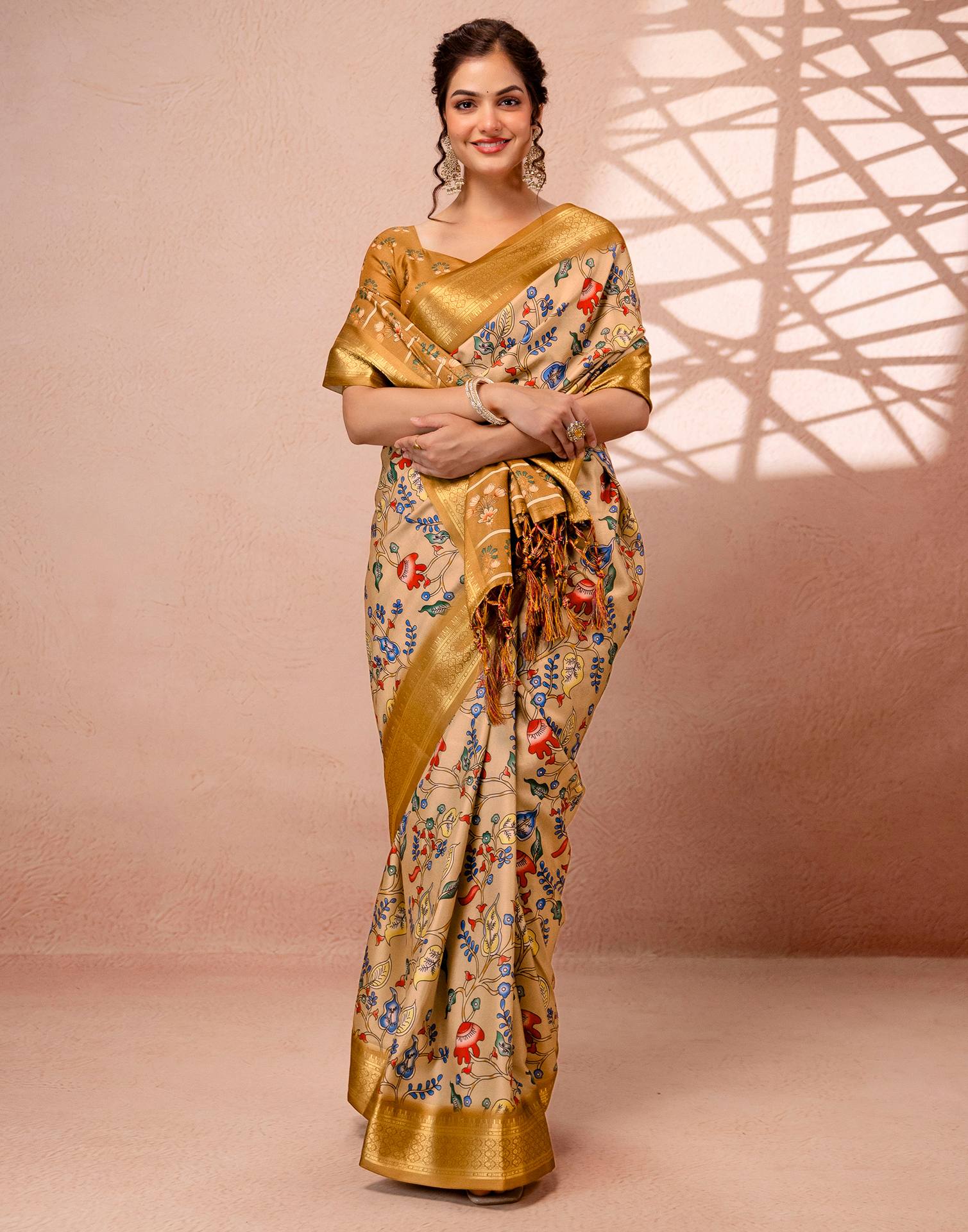 Dark Beige Silk Kalamkari Printed Woven Border Saree - Image 7