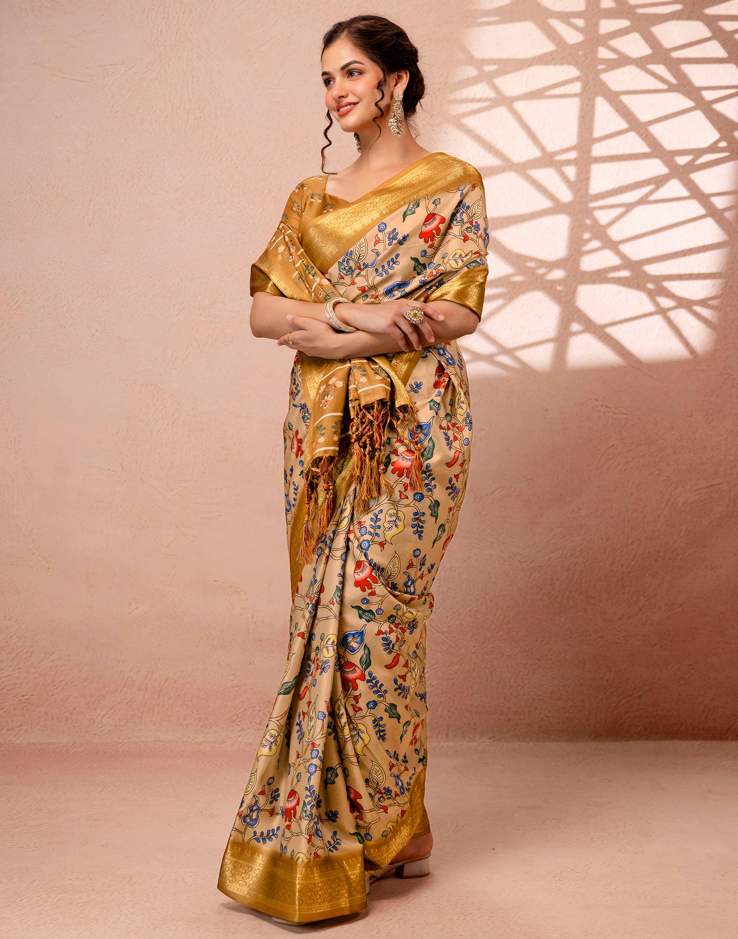 Dark Beige Silk Kalamkari Printed Woven Border Saree - Image 8