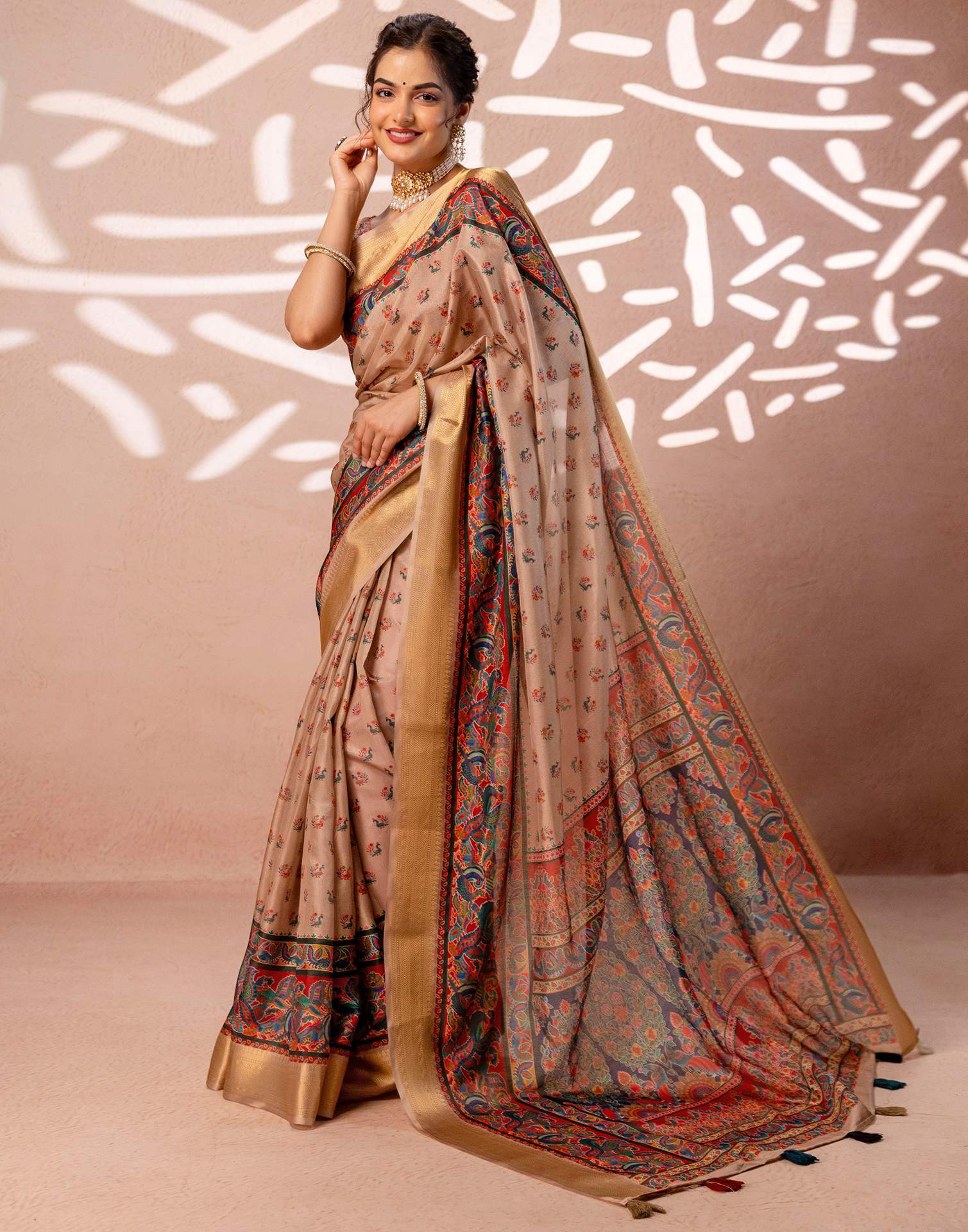 Dark Beige Silk Kalamkari Woven Border Saree - Image 2