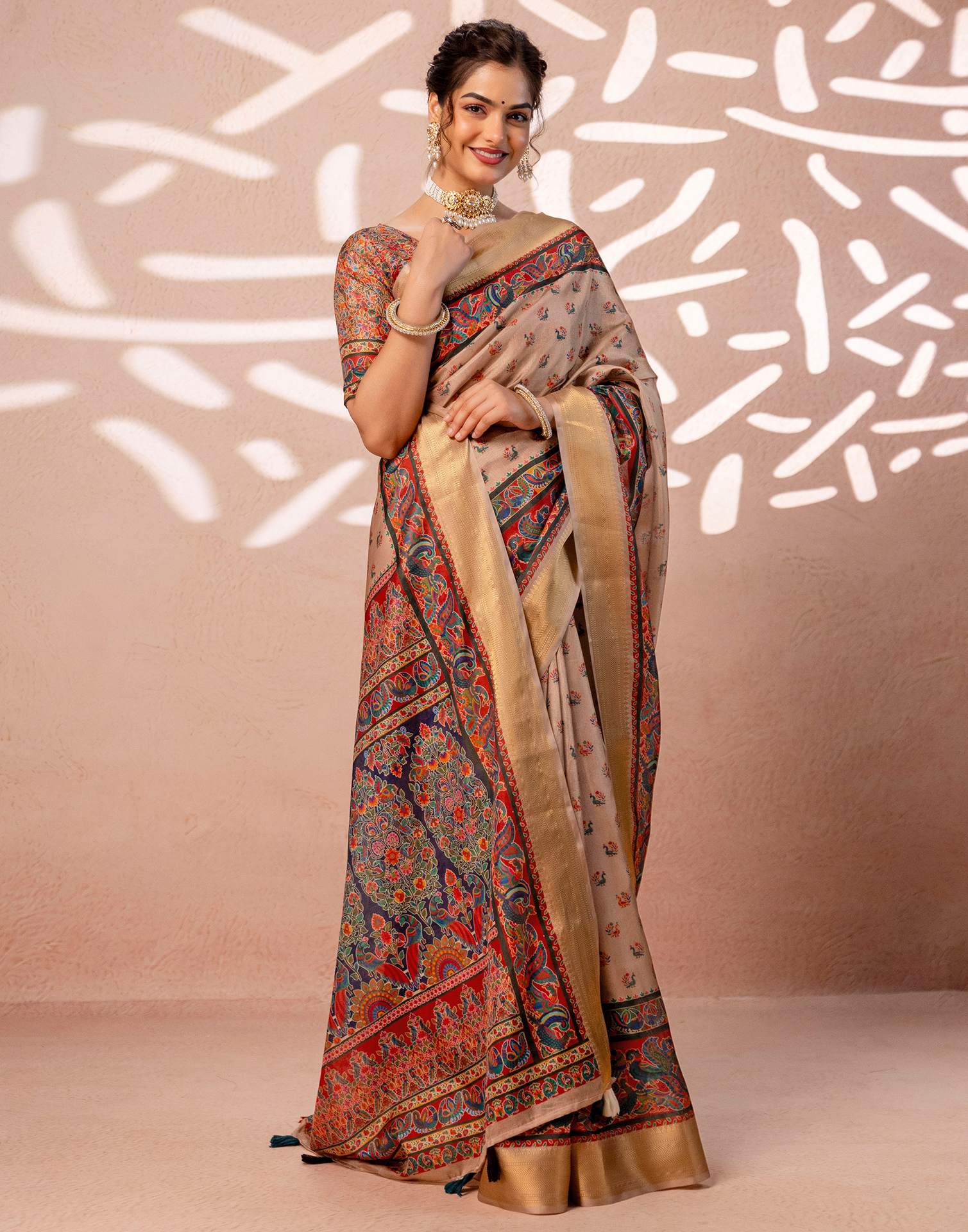 Dark Beige Silk Kalamkari Woven Border Saree - Image 3