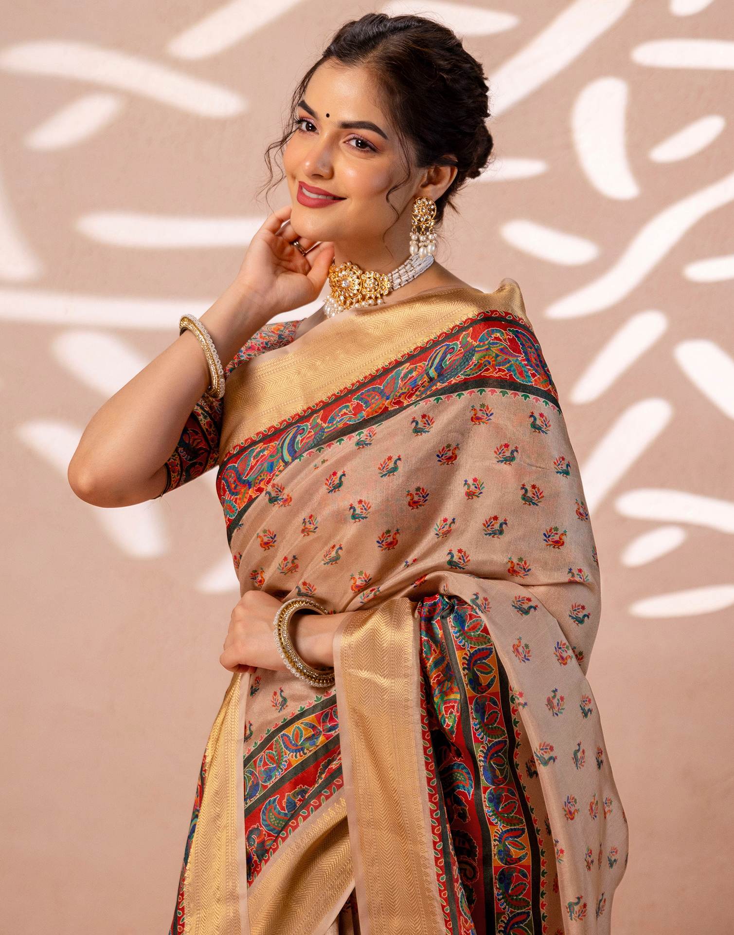 Dark Beige Silk Kalamkari Woven Border Saree - Image 5