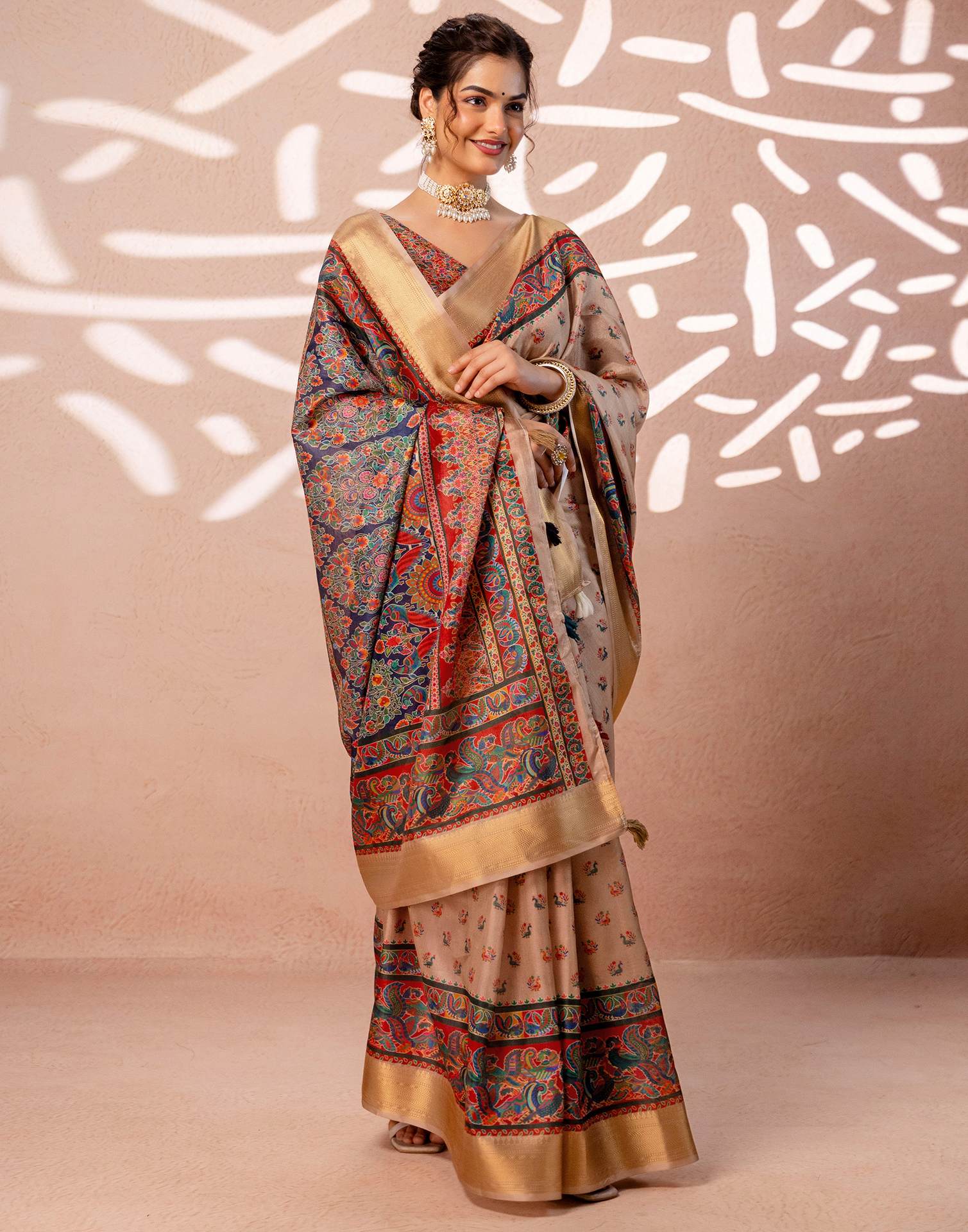 Dark Beige Silk Kalamkari Woven Border Saree - Image 8