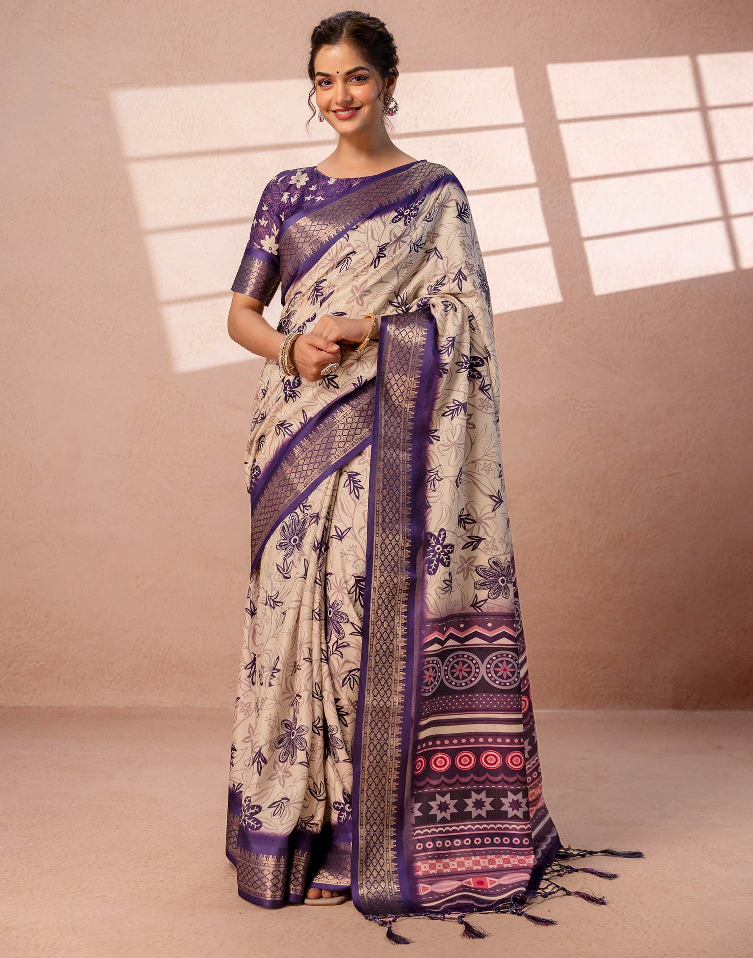 Dark Beige Silk Printed Woven Border Saree