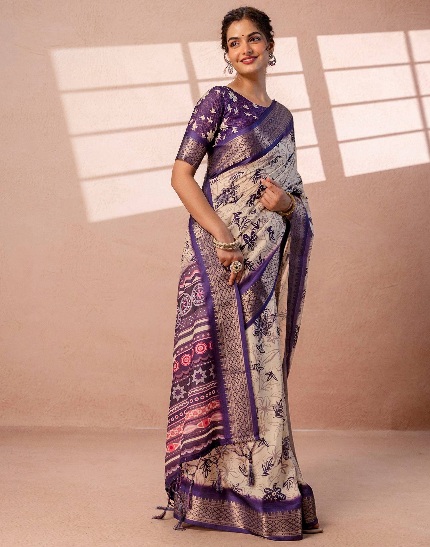 Dark Beige Silk Printed Woven Border Saree - Image 6
