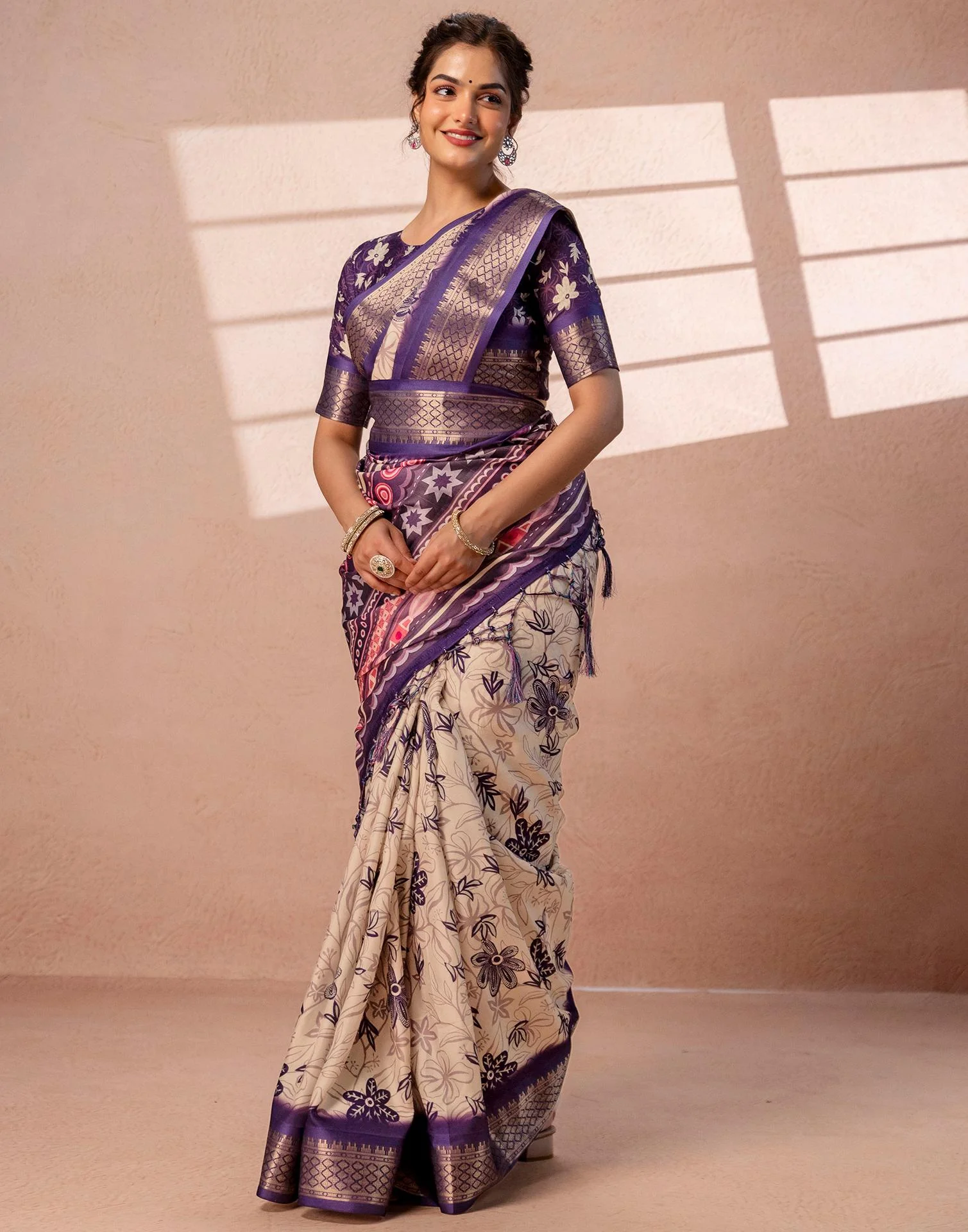 Dark Beige Silk Printed Woven Border Saree - Image 9