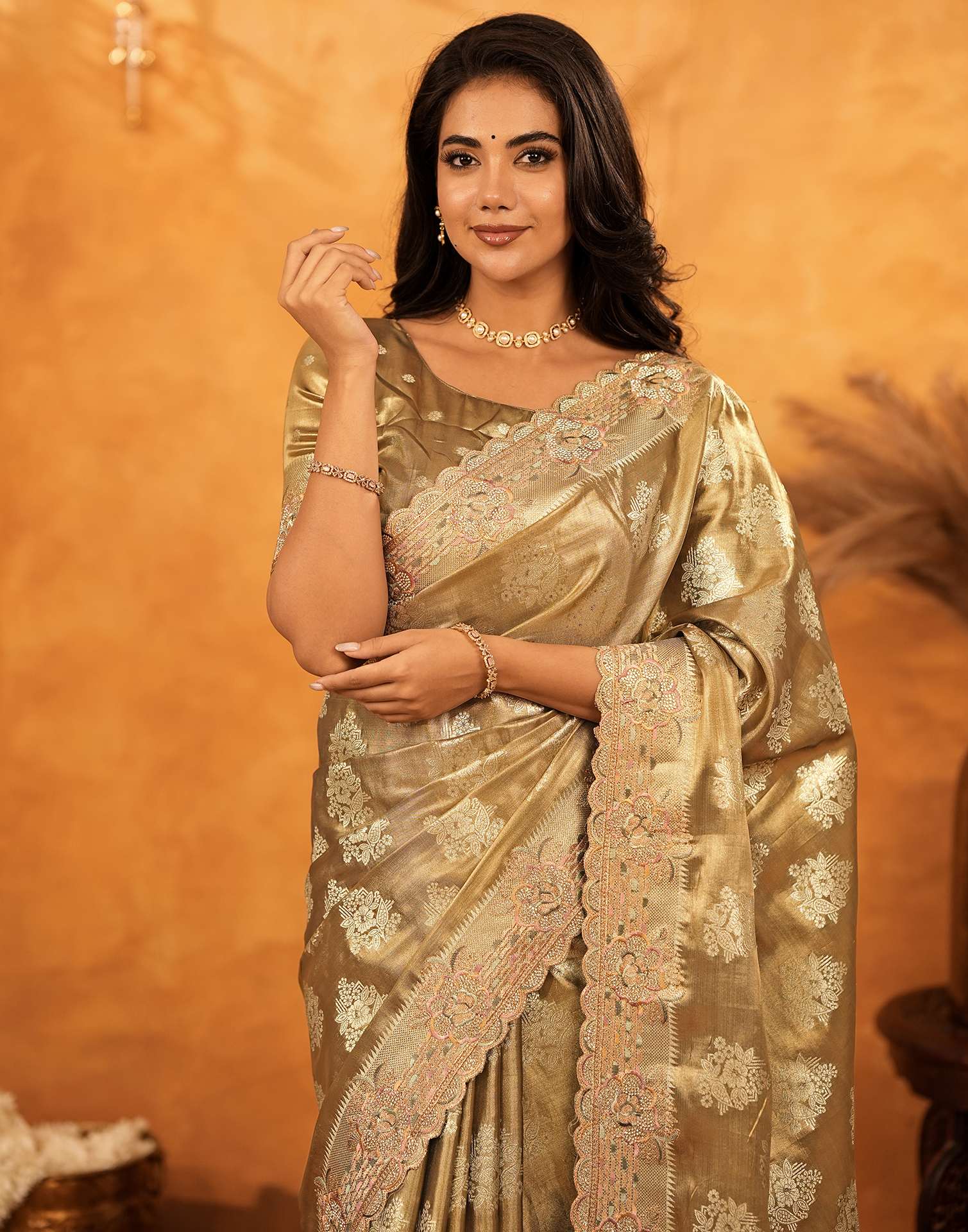 Dark Beige Silk Woven Embroidery Stone Work Banarasi Saree - Image 10