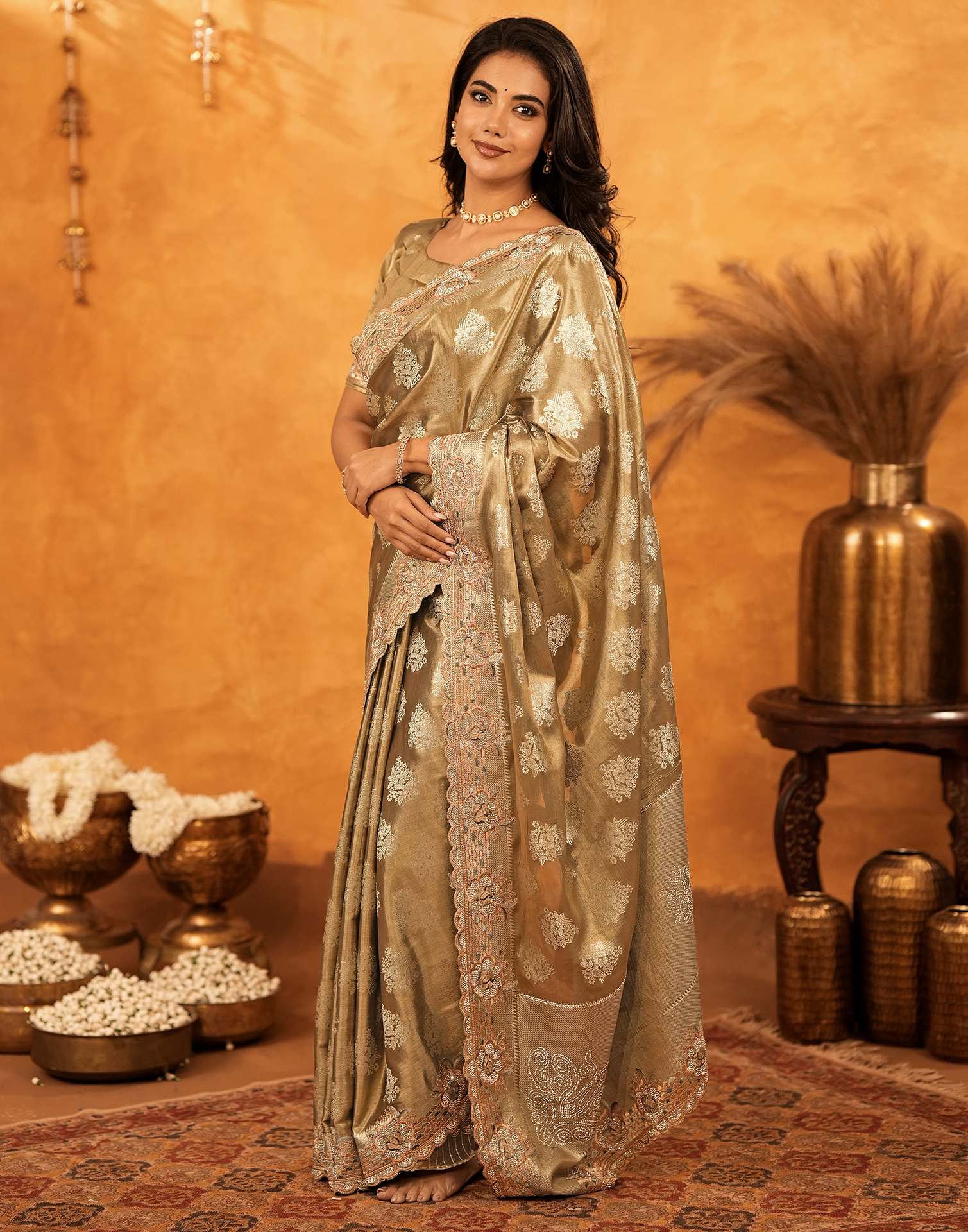 Dark Beige Silk Woven Embroidery Stone Work Banarasi Saree - Image 5