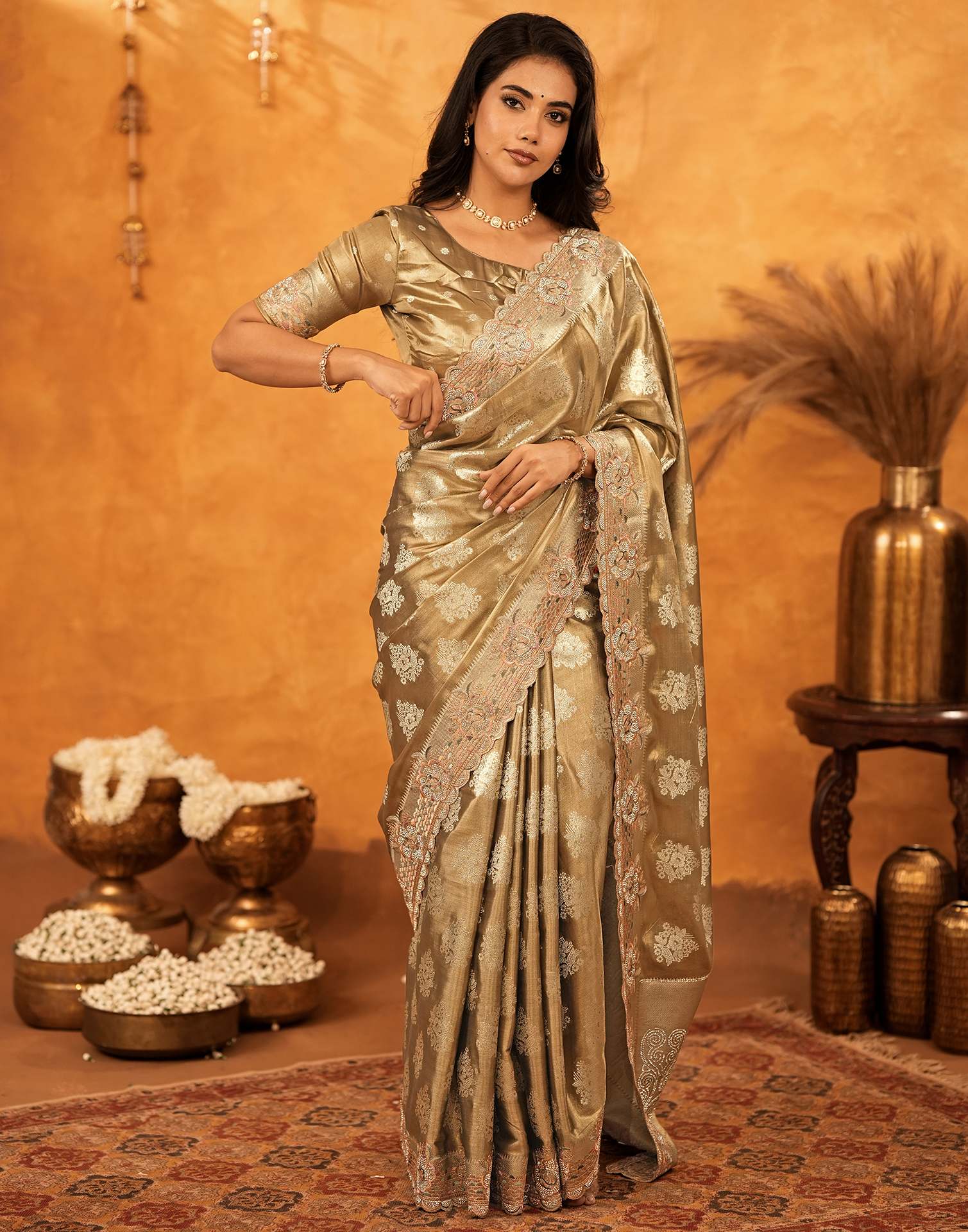 Dark Beige Silk Woven Embroidery Stone Work Banarasi Saree - Image 6