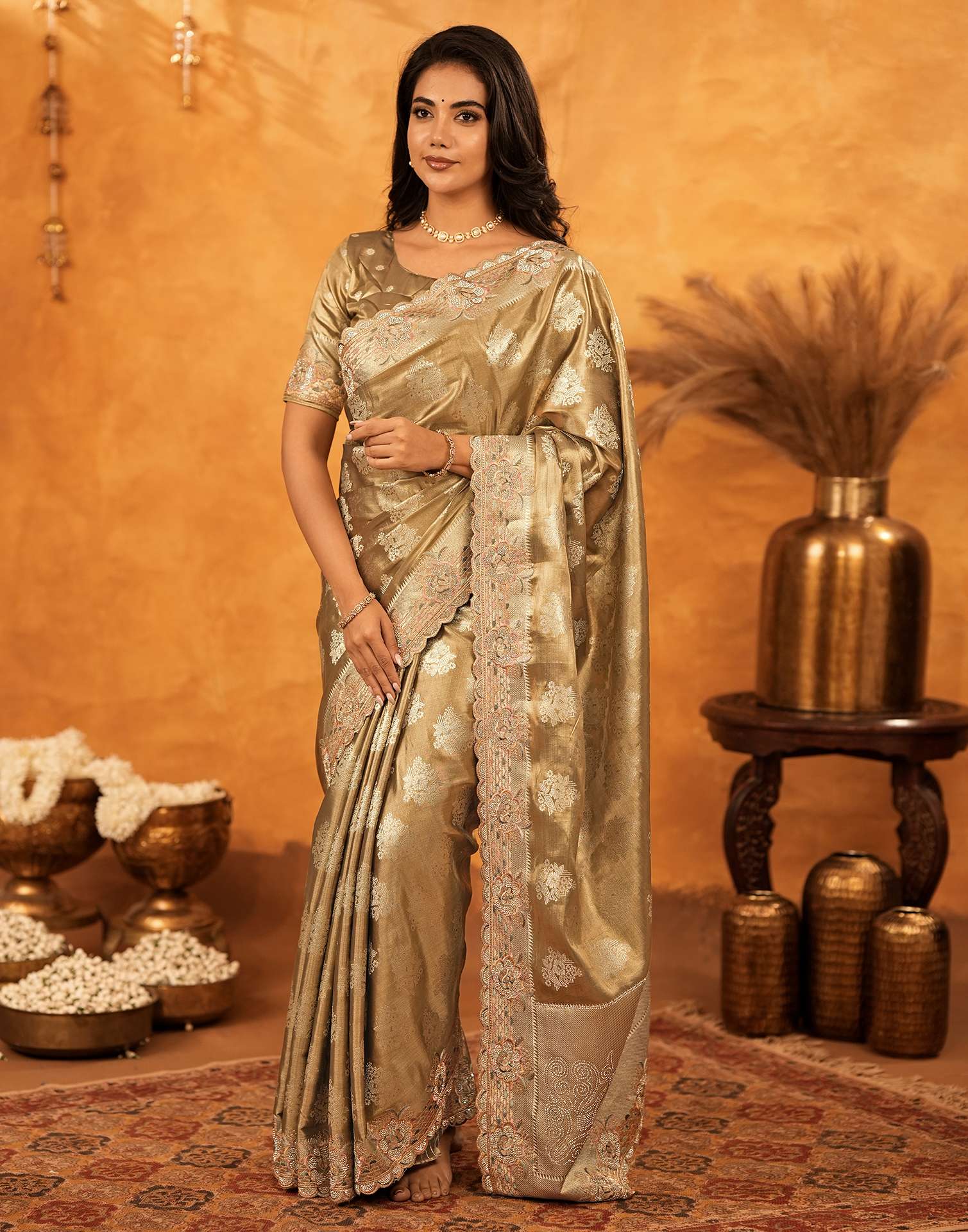 Dark Beige Silk Woven Embroidery Stone Work Banarasi Saree - Image 8