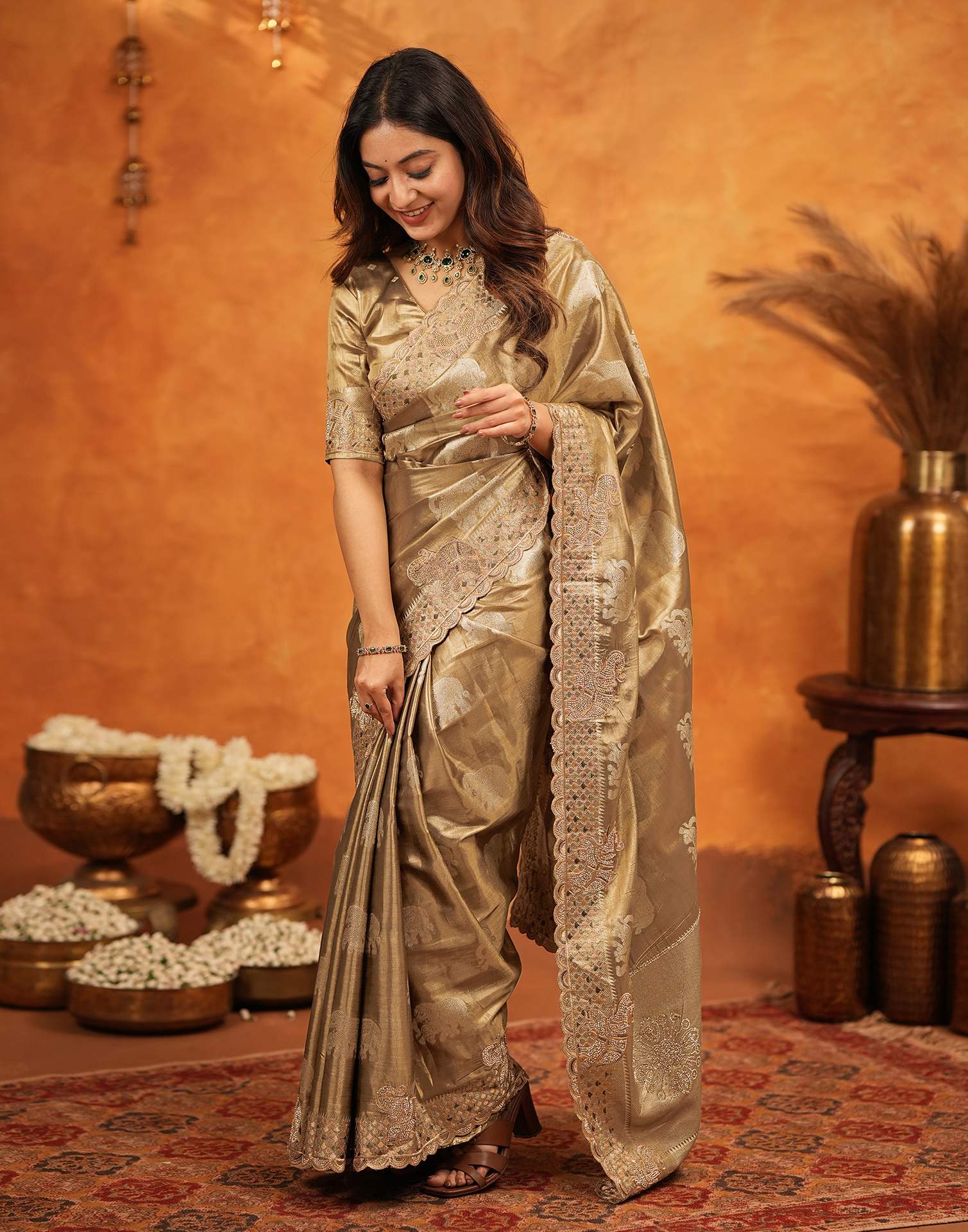 Dark Beige Silk Woven Embroidery Stone Work Embellished Saree - Image 10