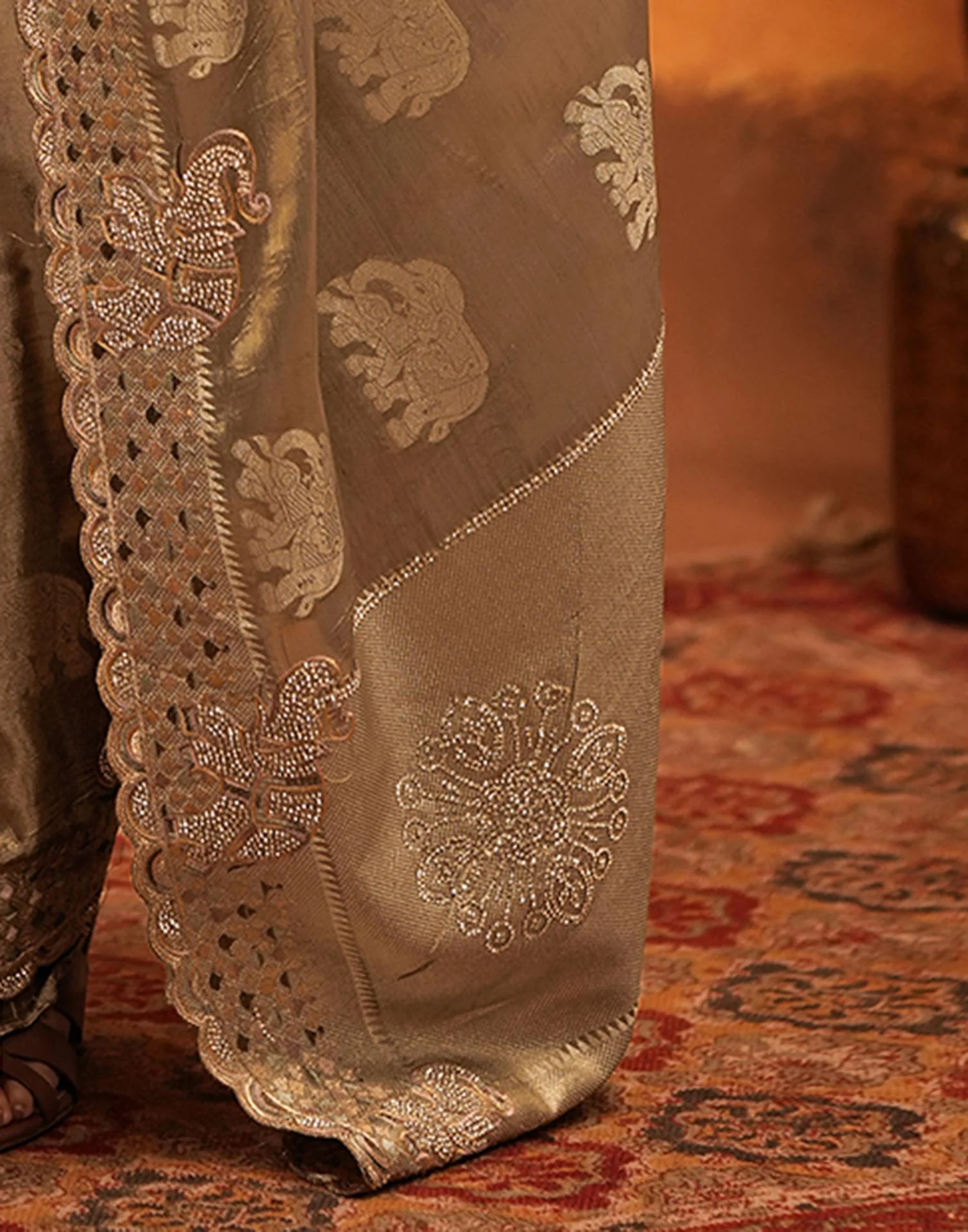 Dark Beige Silk Woven Embroidery Stone Work Embellished Saree - Image 11
