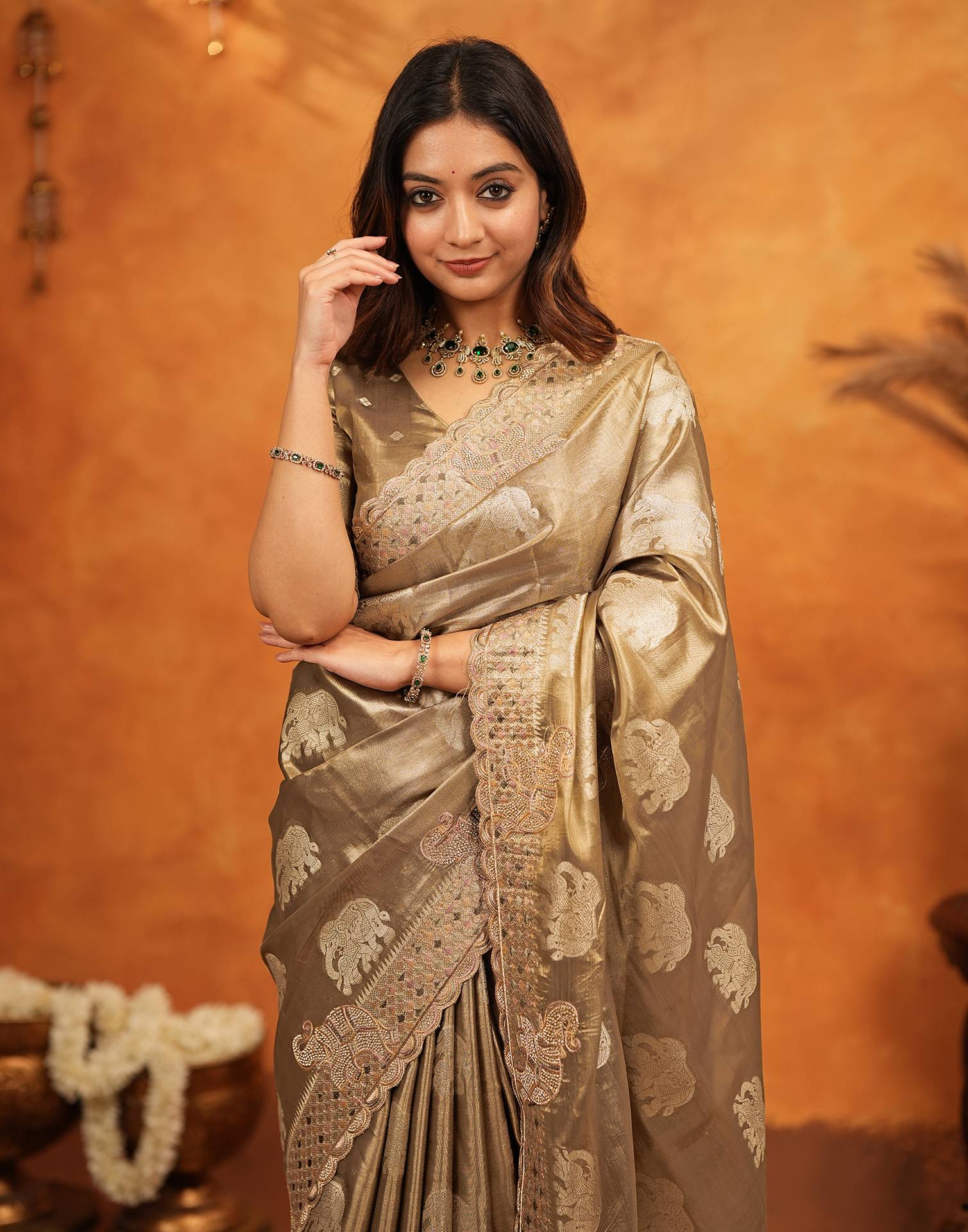 Dark Beige Silk Woven Embroidery Stone Work Embellished Saree - Image 6