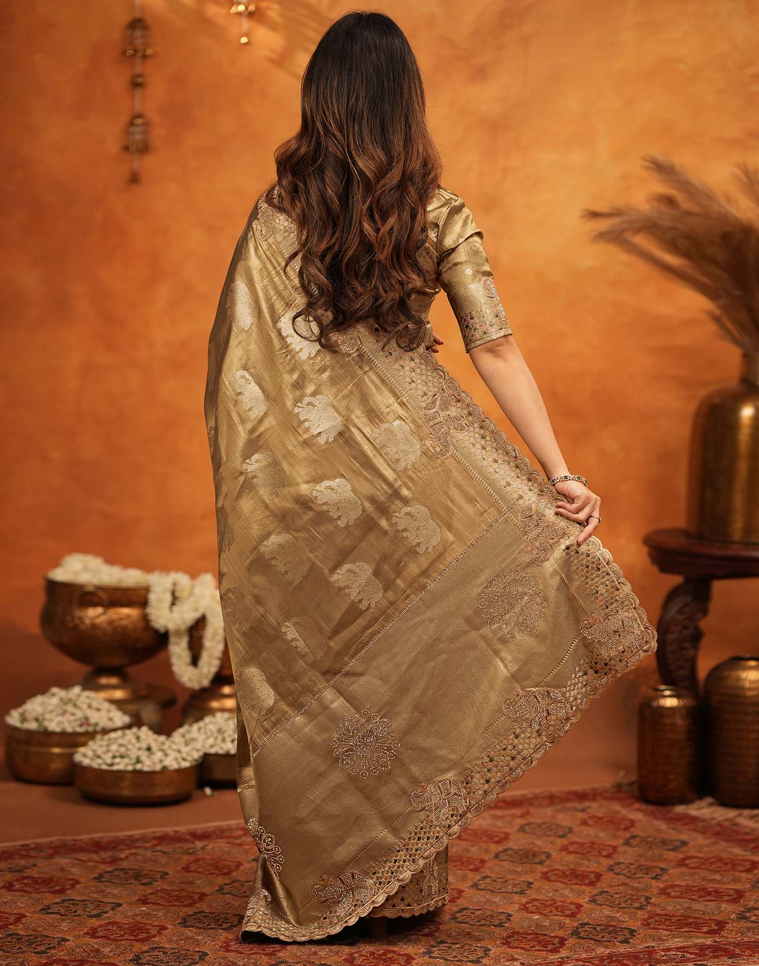 Dark Beige Silk Woven Embroidery Stone Work Embellished Saree - Image 8