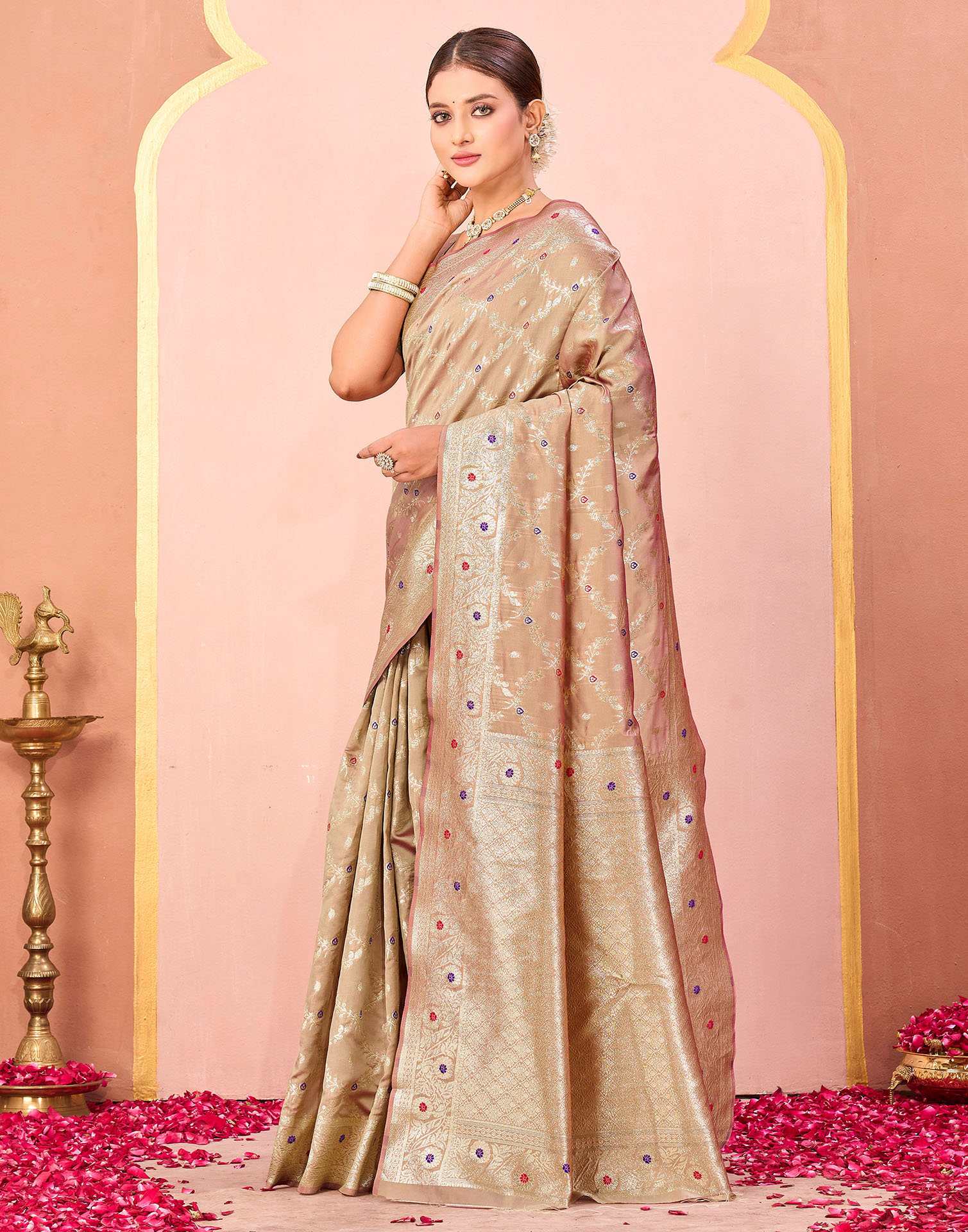 Dark Beige Silk Woven Saree - Image 4