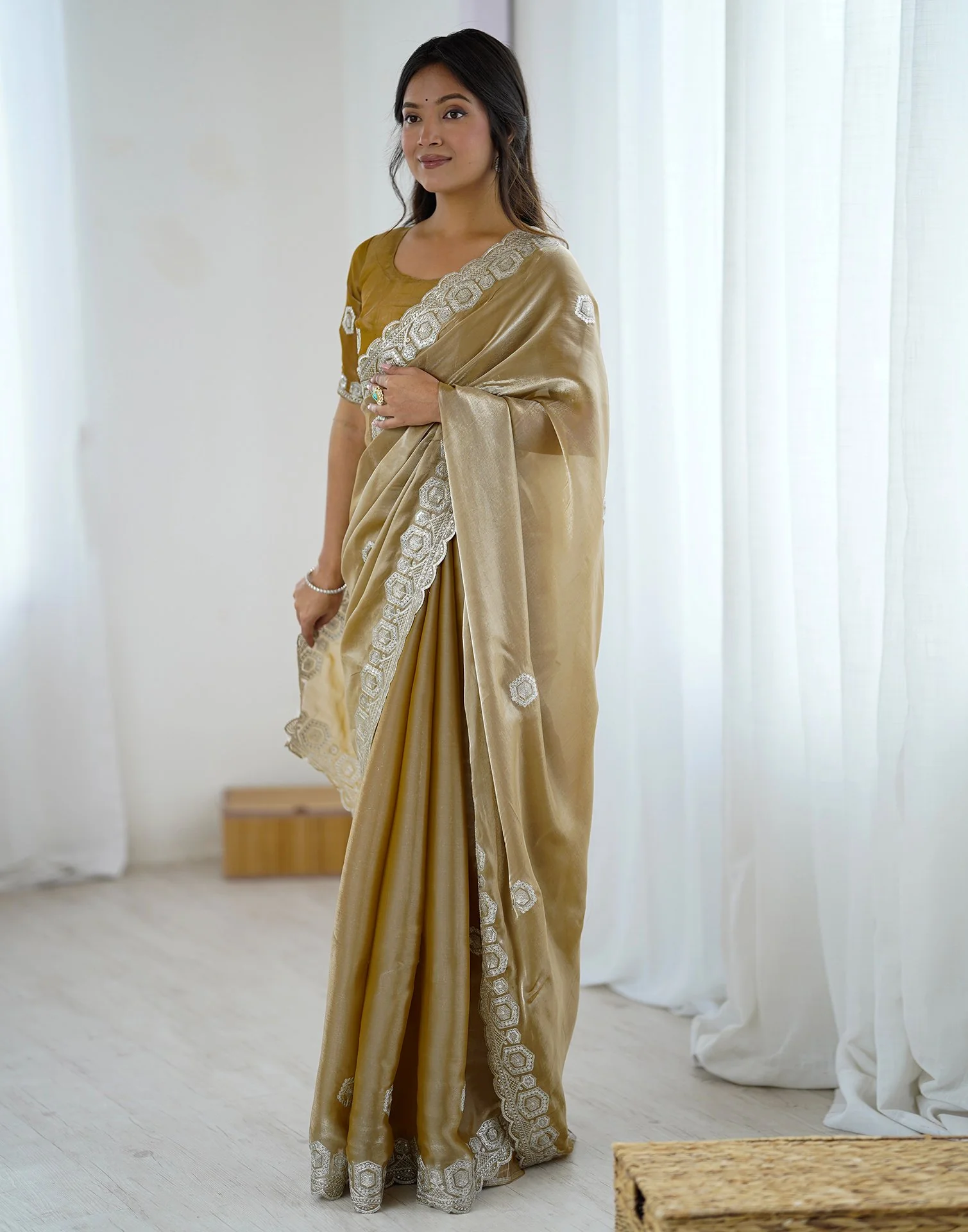 Dark Beige Tissue Silk Embroidery Saree