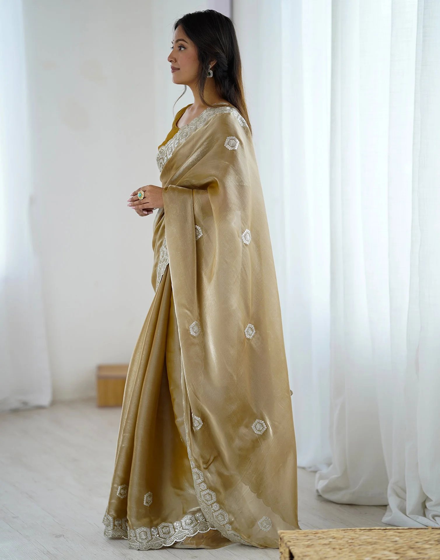 Dark Beige Tissue Silk Embroidery Saree - Image 4