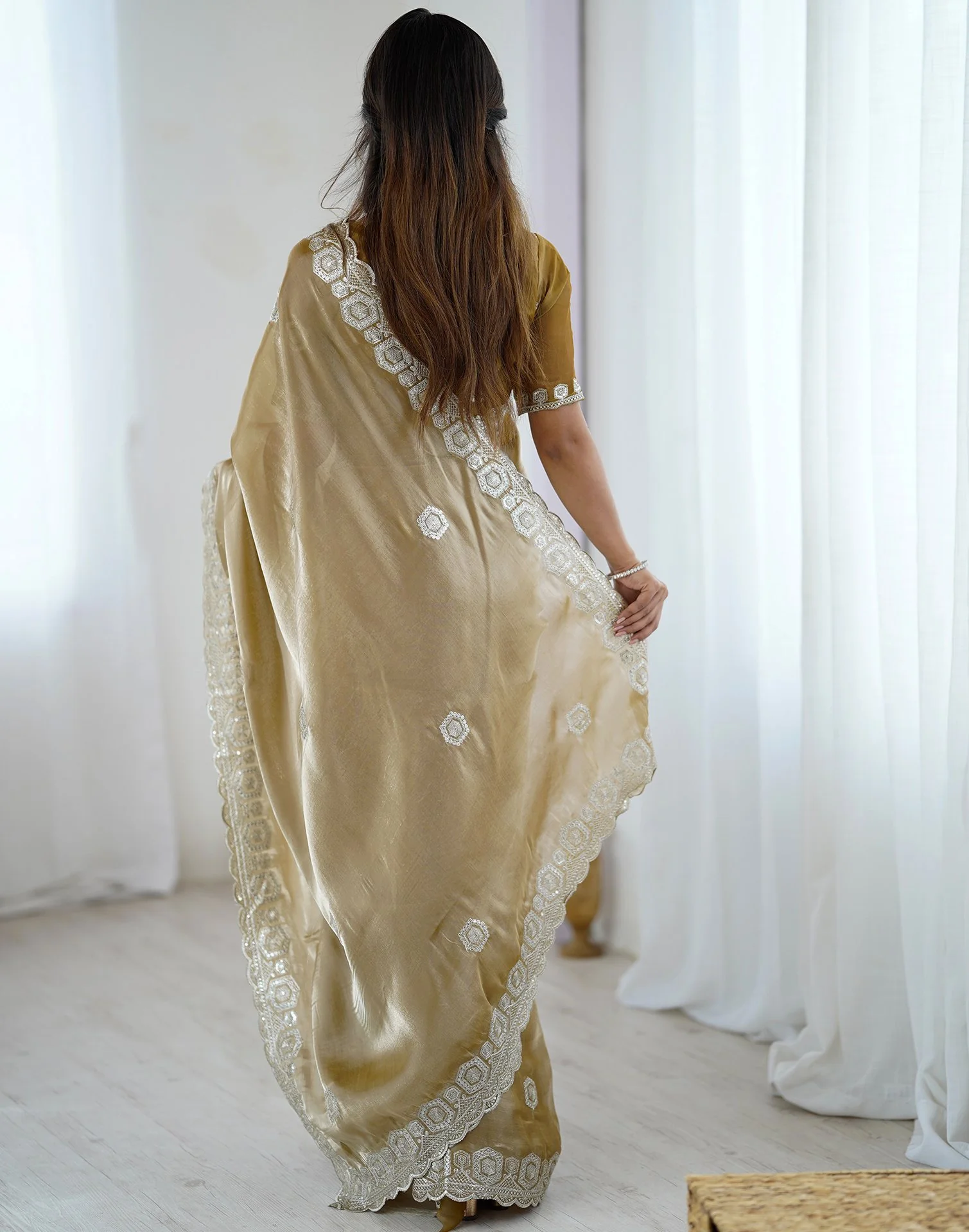 Dark Beige Tissue Silk Embroidery Saree - Image 6