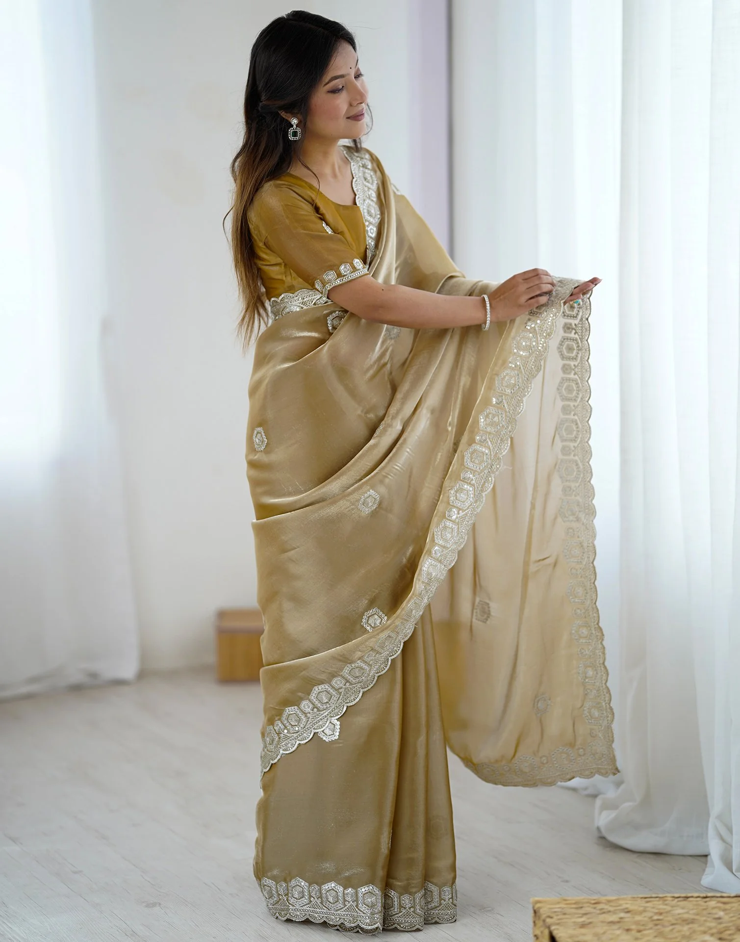 Dark Beige Tissue Silk Embroidery Saree - Image 7