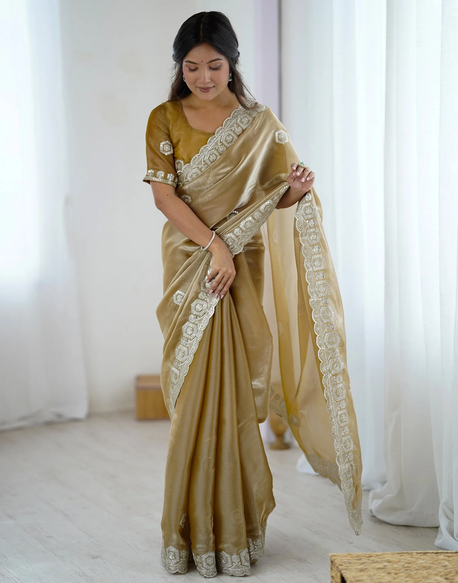 Dark Beige Tissue Silk Embroidery Saree - Image 9