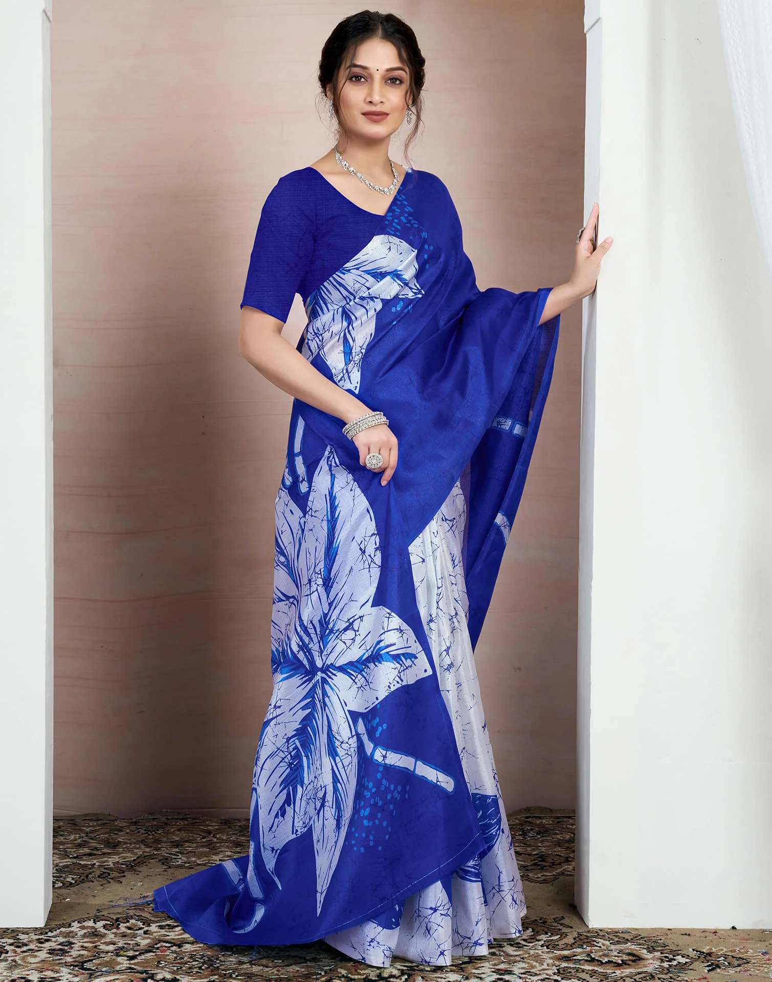 Dark Blue Bhagalpuri Silk Printed Saree - Image 4