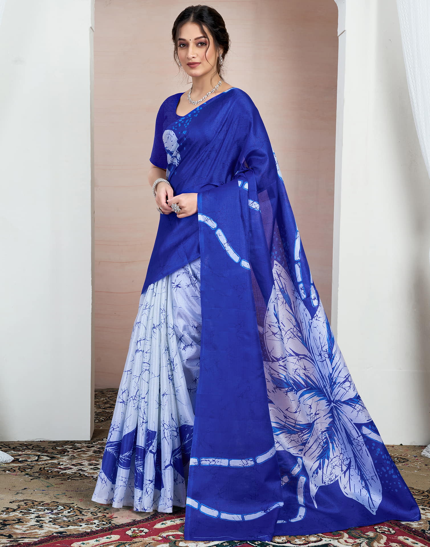 Dark Blue Bhagalpuri Silk Printed Saree - Image 5