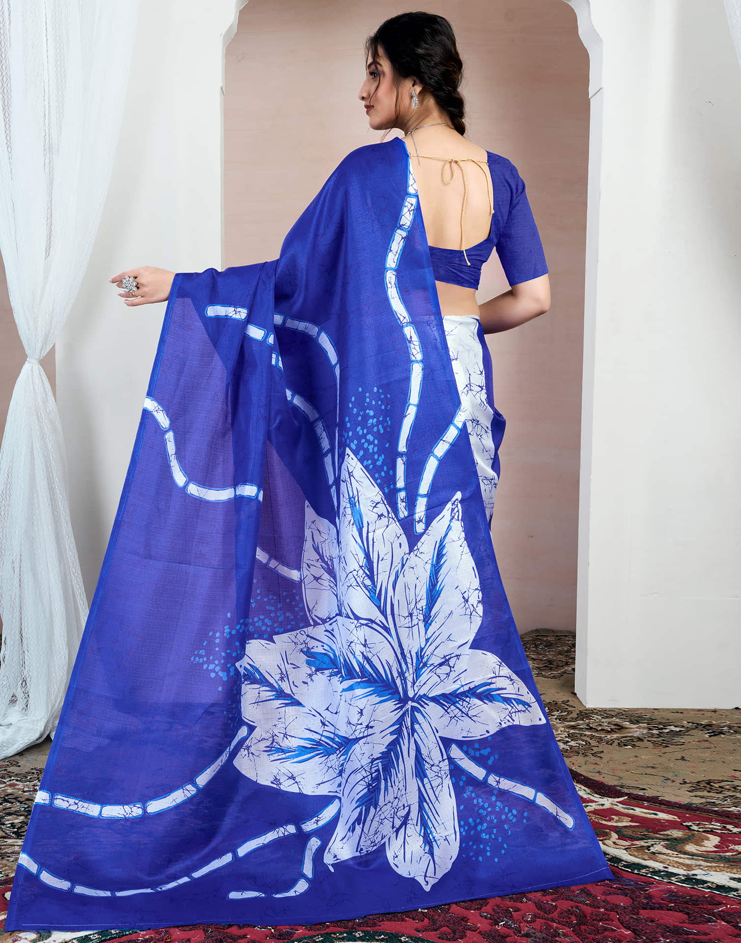 Dark Blue Bhagalpuri Silk Printed Saree - Image 6