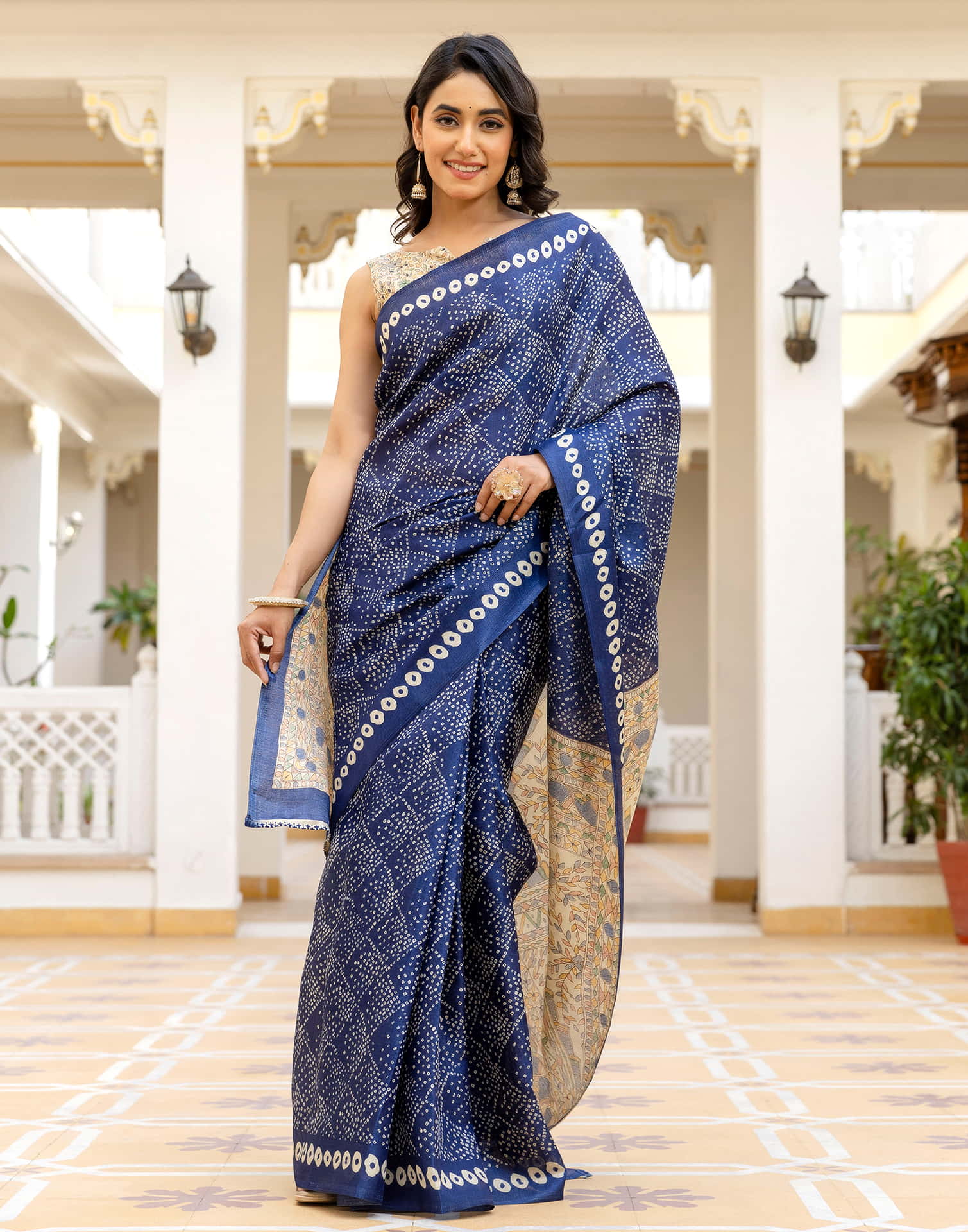 Dark Blue Cotton Blend Bandhani Printed Saree - Image 4
