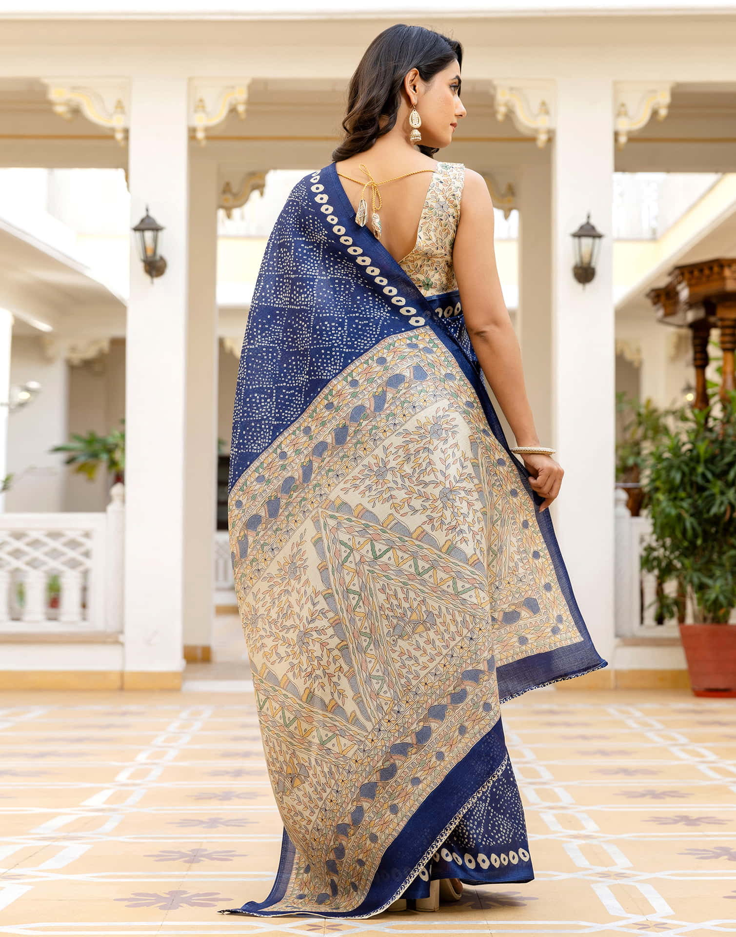 Dark Blue Cotton Blend Bandhani Printed Saree - Image 5