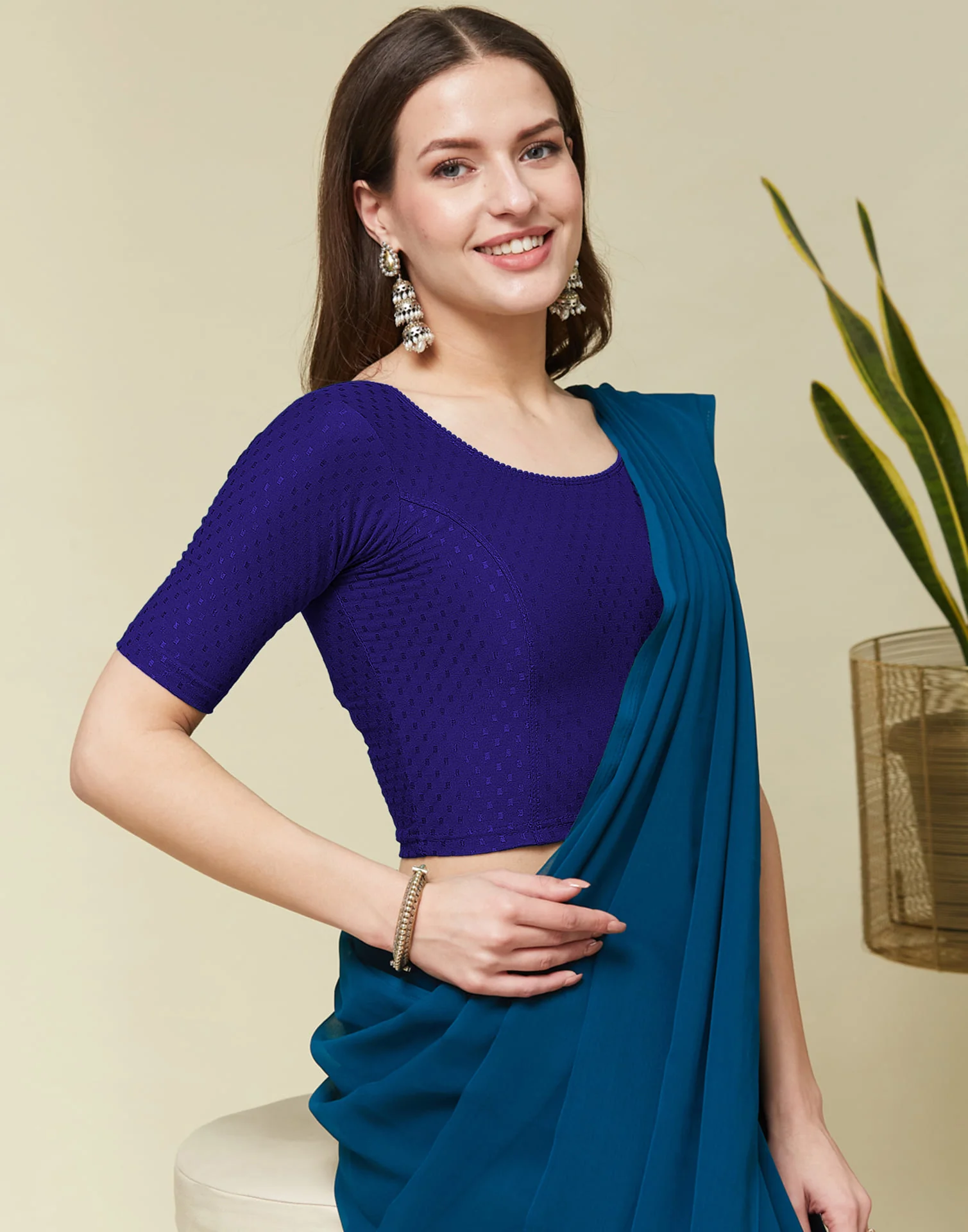 Dark Blue Cotton Dyed Self Woven Blouse - Image 2