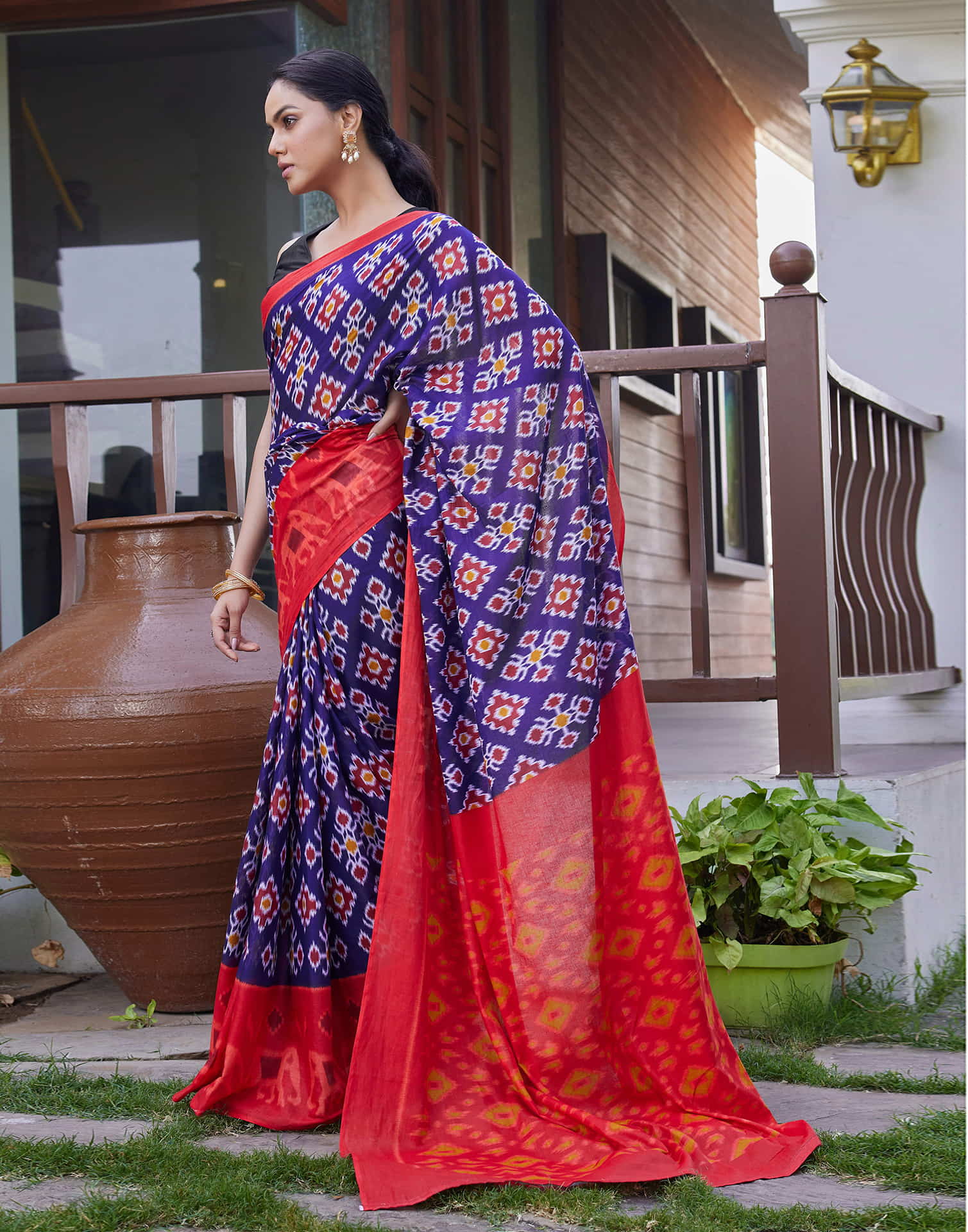 Dark Blue Cotton Ikkat Printed Saree - Image 6