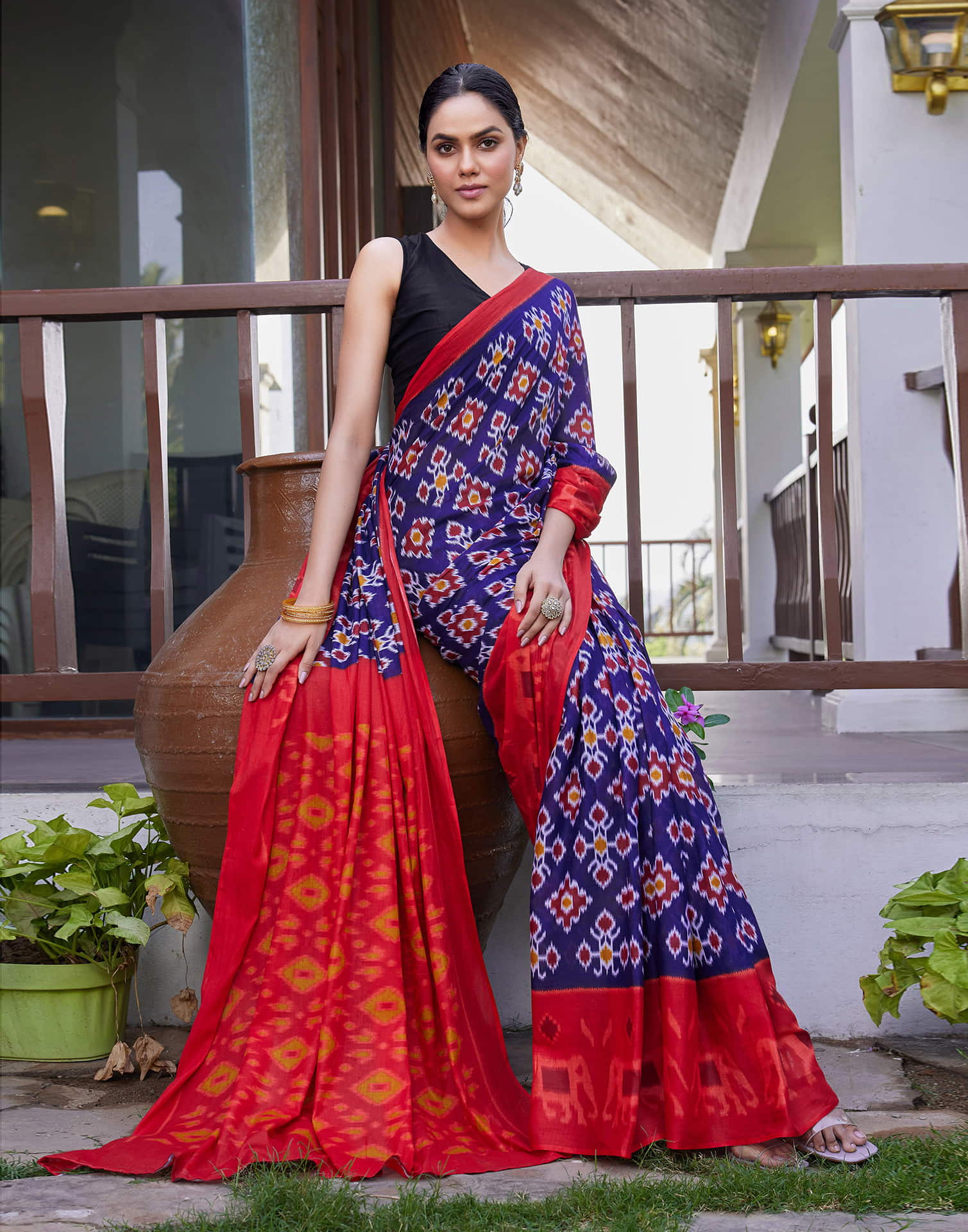 Dark Blue Cotton Ikkat Printed Saree - Image 7