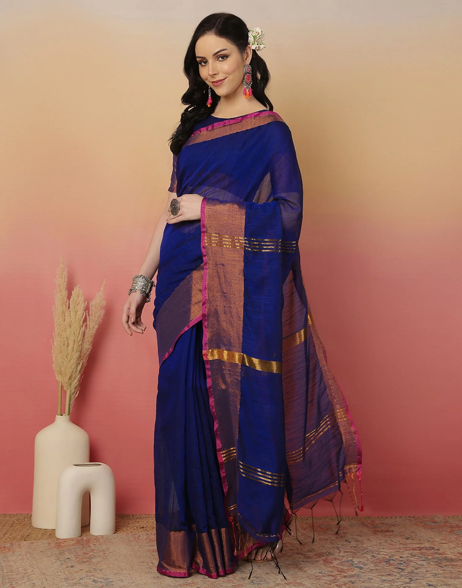Dark Blue Cotton Zari Stripe Woven Saree - Image 5