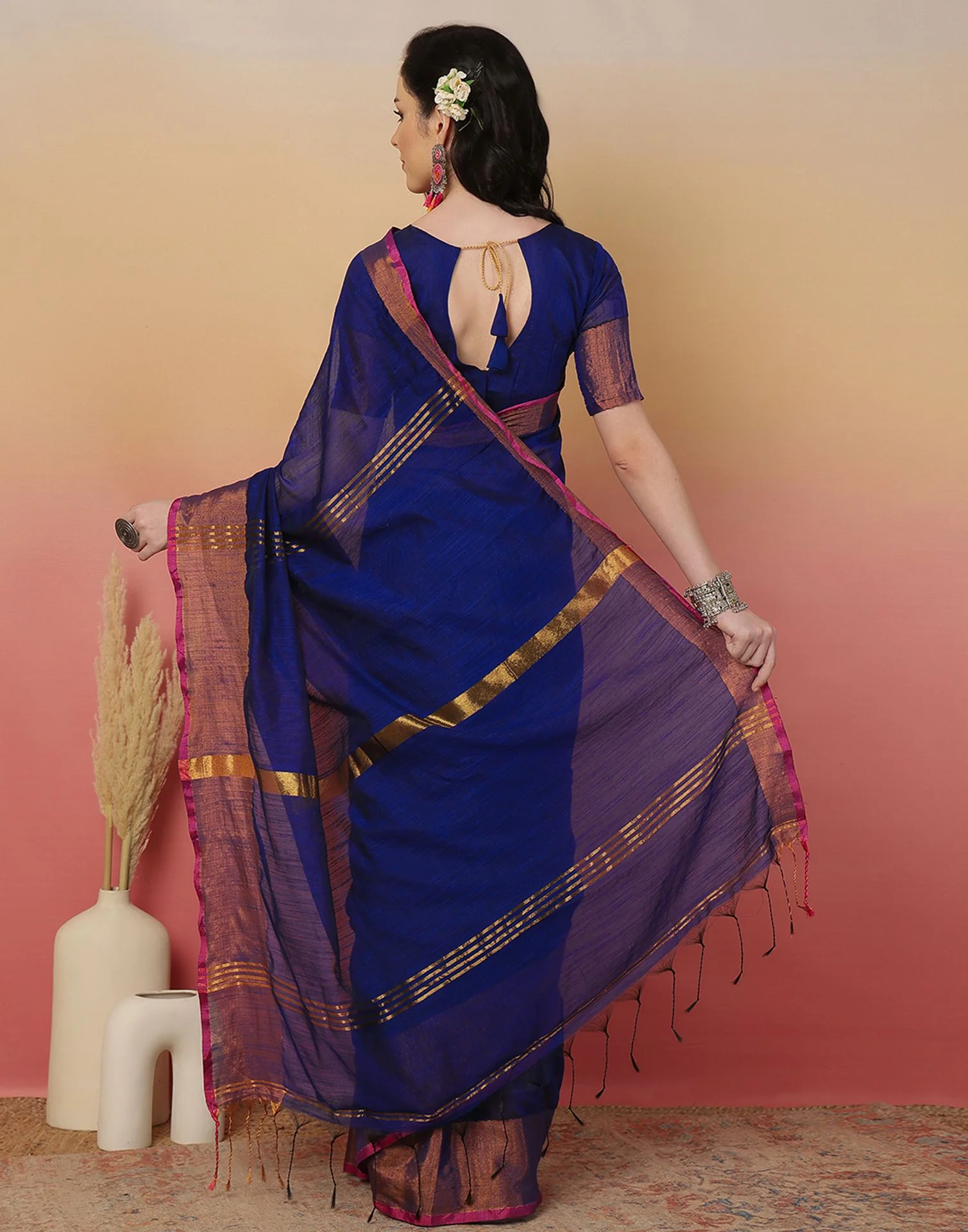 Dark Blue Cotton Zari Stripe Woven Saree - Image 6