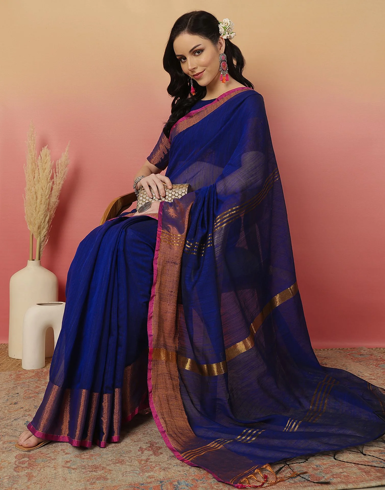 Dark Blue Cotton Zari Stripe Woven Saree - Image 7