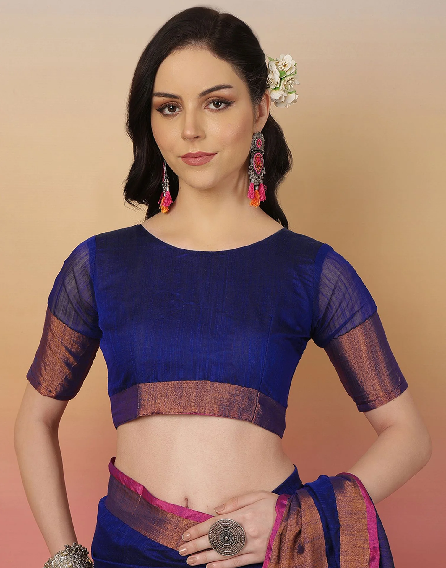 Dark Blue Cotton Zari Stripe Woven Saree - Image 8
